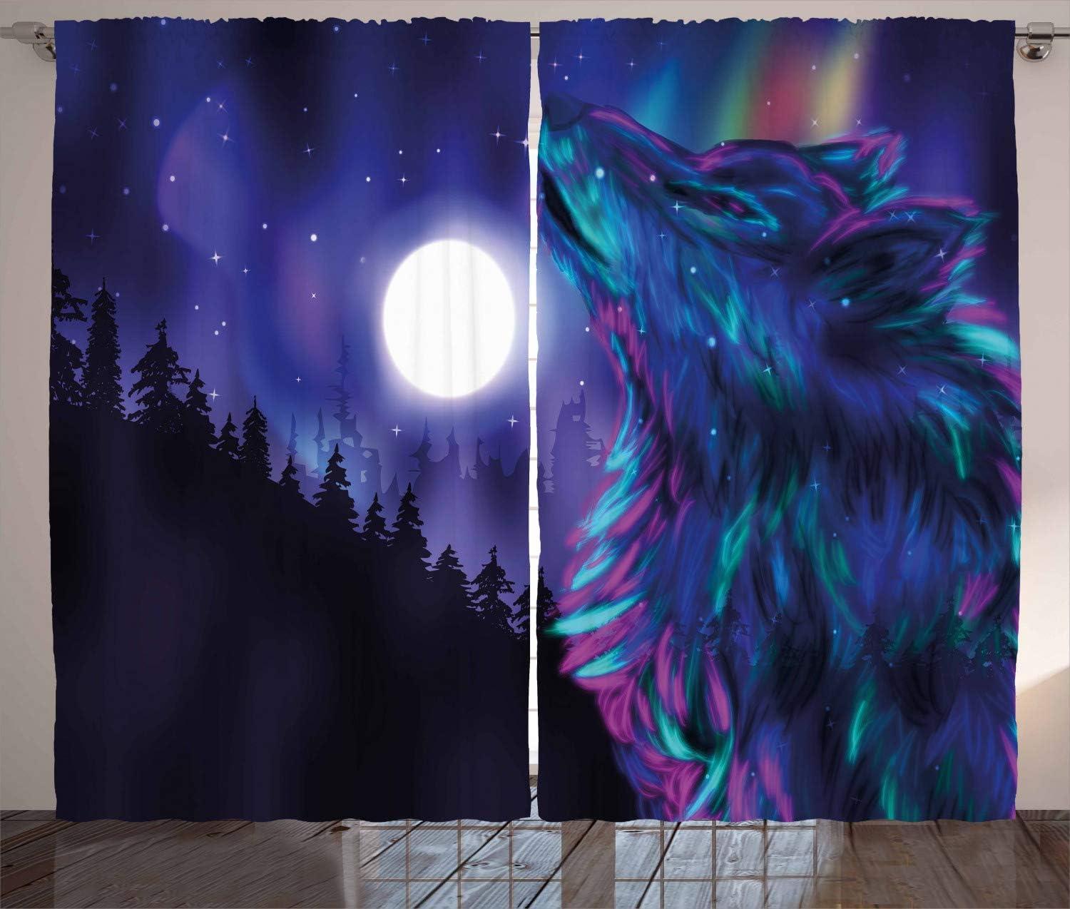 imageAmbesonne Christmas Curtains Wooden Rustic Log Cottage Scenery in The Winter Season Warm Moonlight Living Room Bedroom Window Drapes 2 Panel Set 108 X 84 White NavyIndigo Aqua Magenta