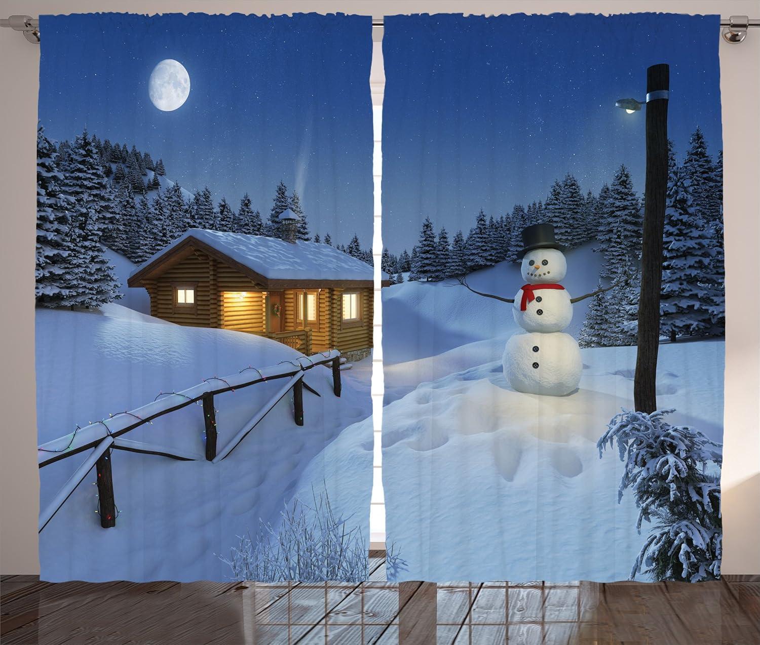 imageAmbesonne Christmas Curtains Wooden Rustic Log Cottage Scenery in The Winter Season Warm Moonlight Living Room Bedroom Window Drapes 2 Panel Set 108 X 84 White NavyWhite Navy