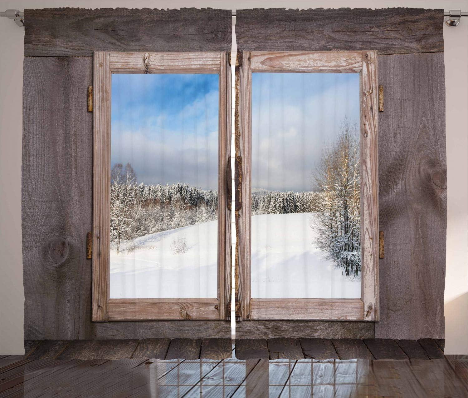 imageAmbesonne Christmas Curtains Wooden Rustic Log Cottage Scenery in The Winter Season Warm Moonlight Living Room Bedroom Window Drapes 2 Panel Set 108 X 84 White NavyUmber White Blue