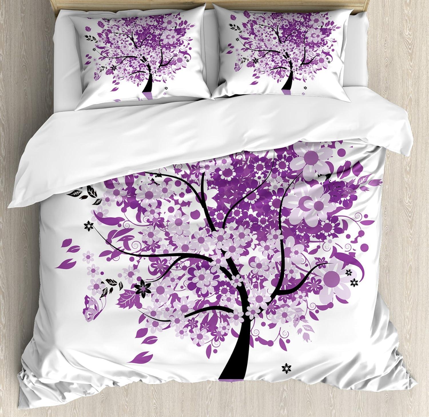 imageAmbesonne Christmas Duvet Cover Set Floral Winter Red Bird Hat and Scarf on Blooming Tree Nature Inspired Decorative 3 Piece Bedding Set with 2 Pillow Shams Queen Size Burgundy GreenPurple Lilac