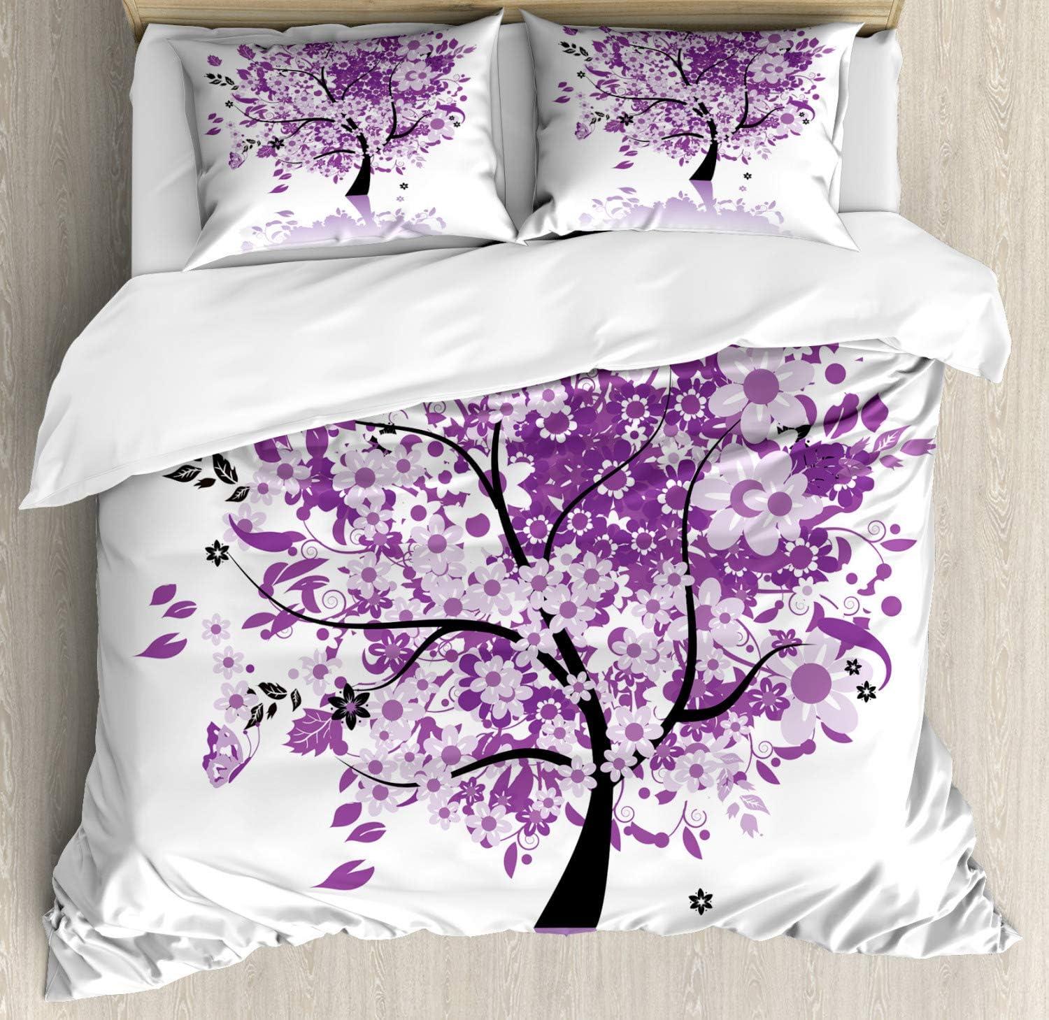 imageAmbesonne Christmas Duvet Cover Set Floral Winter Red Bird Hat and Scarf on Blooming Tree Nature Inspired Decorative 3 Piece Bedding Set with 2 Pillow Shams Queen Size Burgundy GreenPurple Lilac
