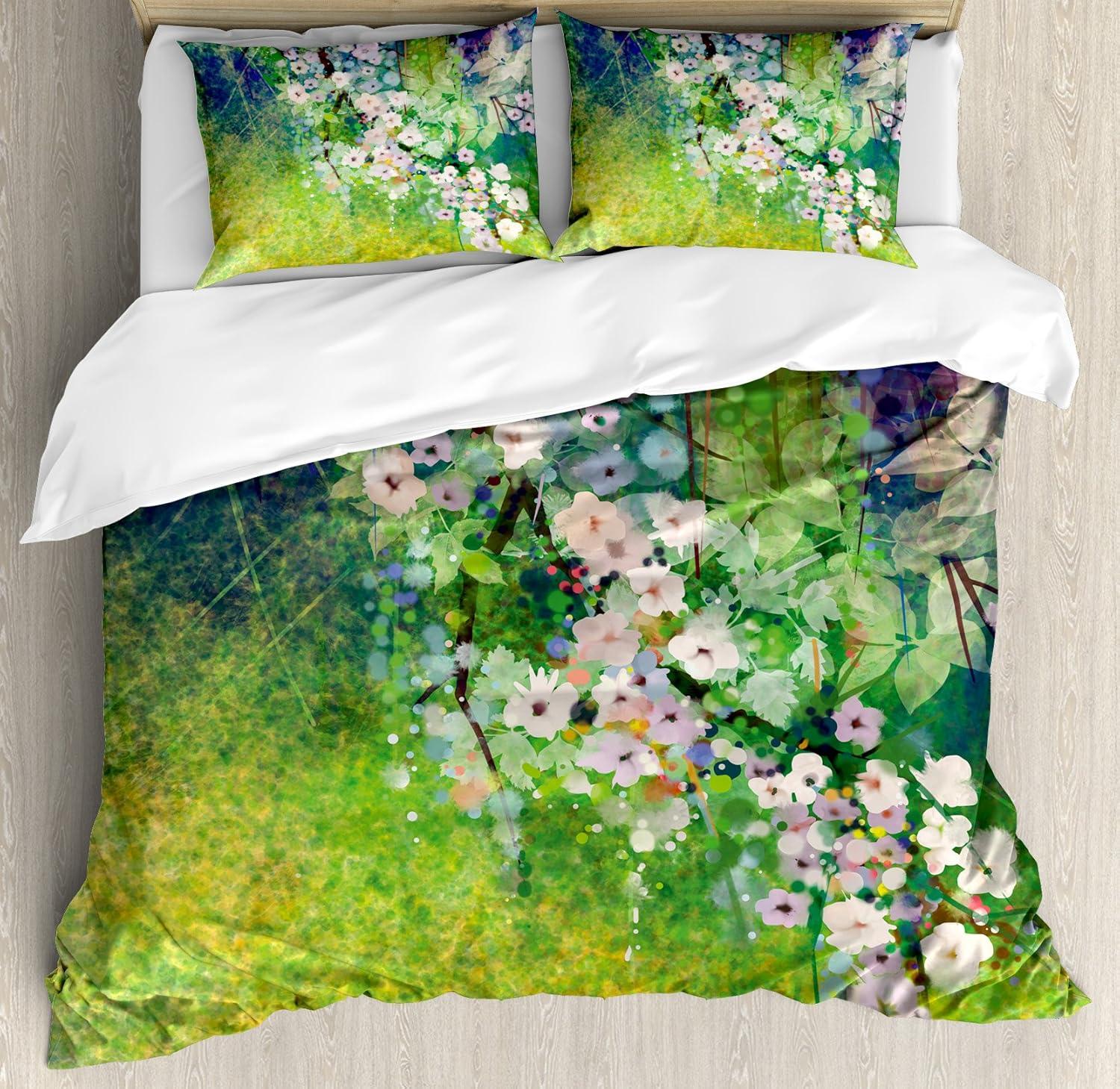 imageAmbesonne Christmas Duvet Cover Set Floral Winter Red Bird Hat and Scarf on Blooming Tree Nature Inspired Decorative 3 Piece Bedding Set with 2 Pillow Shams Queen Size Burgundy GreenPale Pink Green