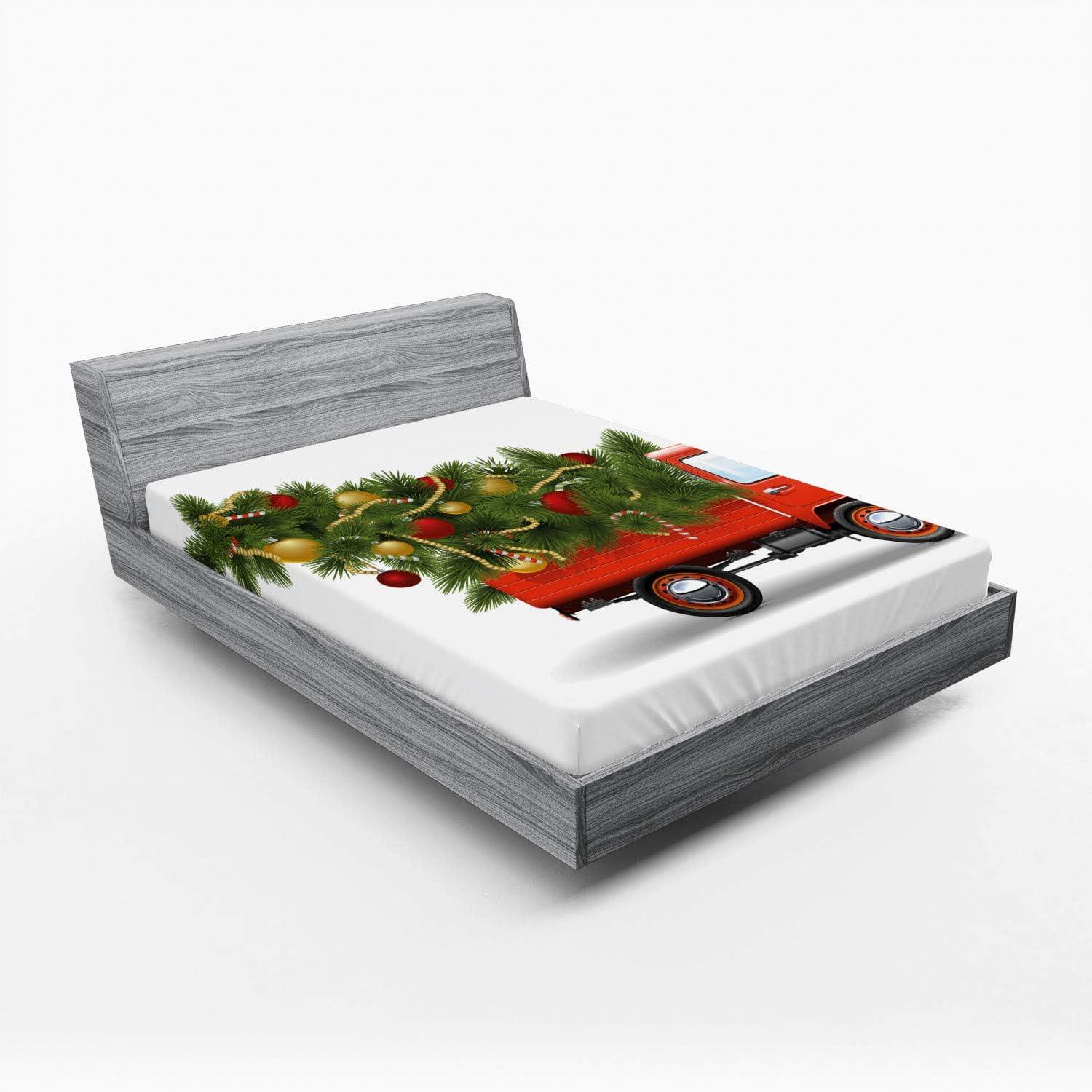 imageAmbesonne Christmas Fitted Sheet Snowman with Santa Hat in The Garden with a Gift Box and Candle Cartoon Image Soft Decorative Fabric Bedding AllRound Elastic Pocket Twin Size White BrownWhite Red Green