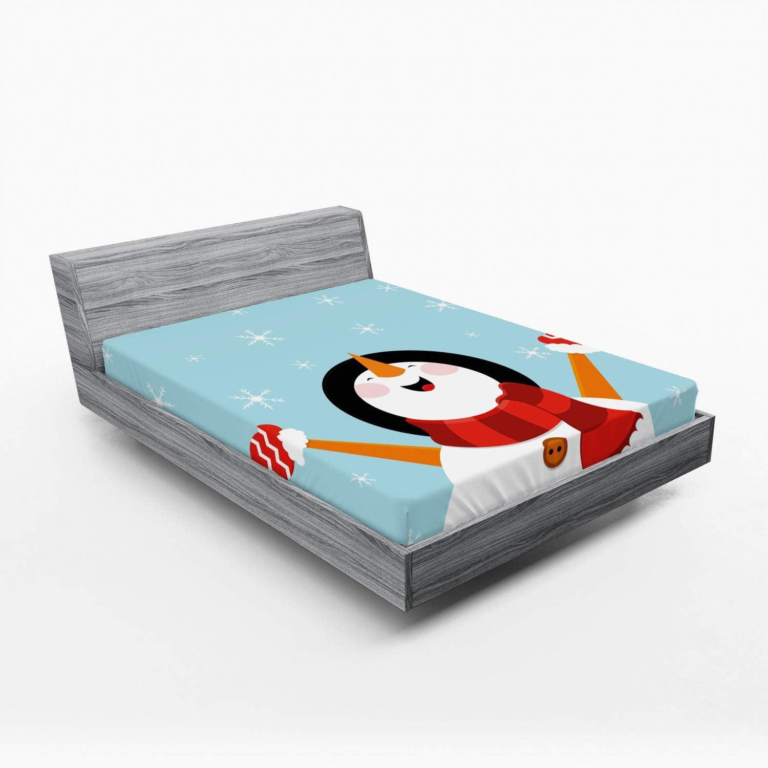 imageAmbesonne Christmas Fitted Sheet Snowman with Santa Hat in The Garden with a Gift Box and Candle Cartoon Image Soft Decorative Fabric Bedding AllRound Elastic Pocket Twin Size White BrownPale Blue