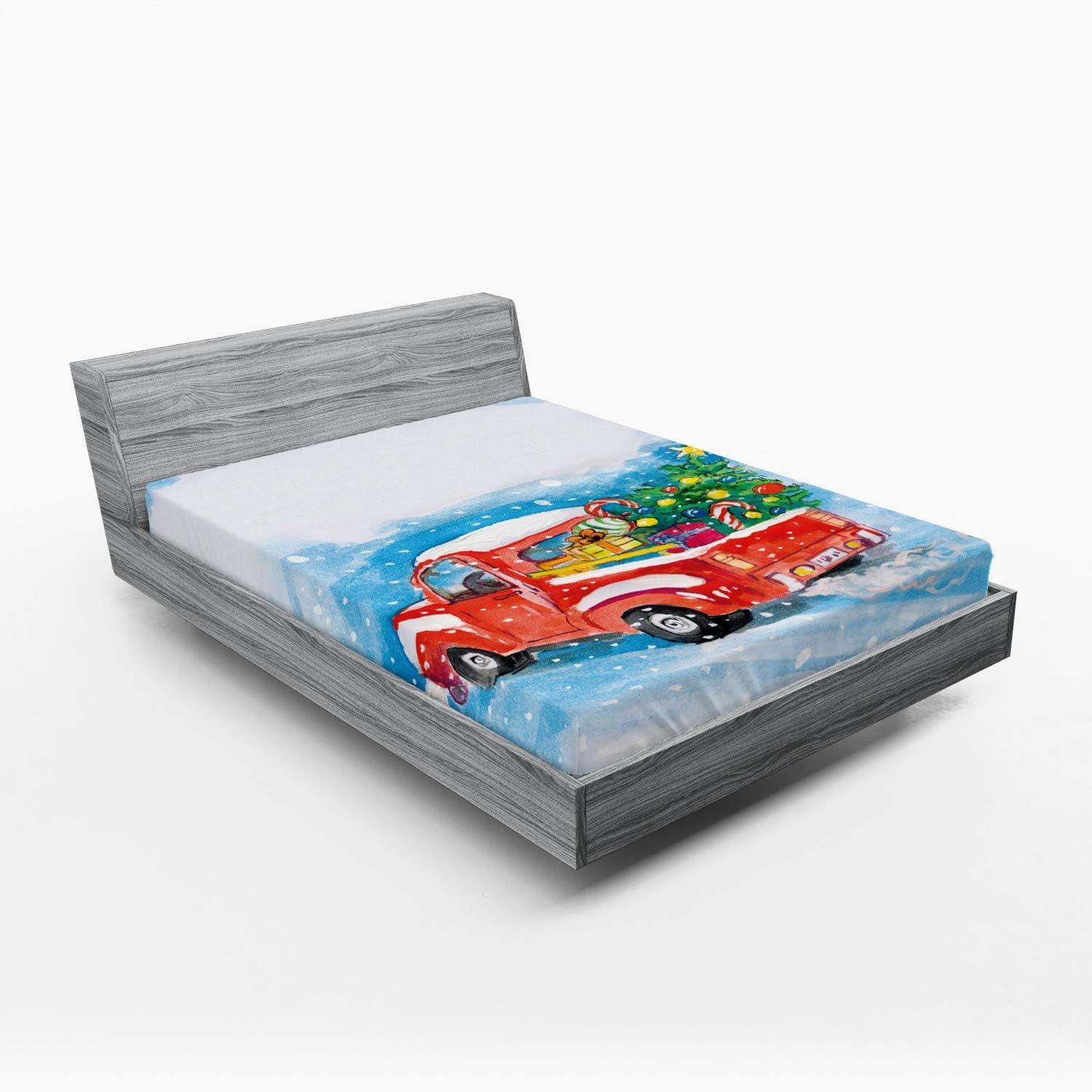 imageAmbesonne Christmas Fitted Sheet Snowman with Santa Hat in The Garden with a Gift Box and Candle Cartoon Image Soft Decorative Fabric Bedding AllRound Elastic Pocket Twin Size White BrownBlue White Red