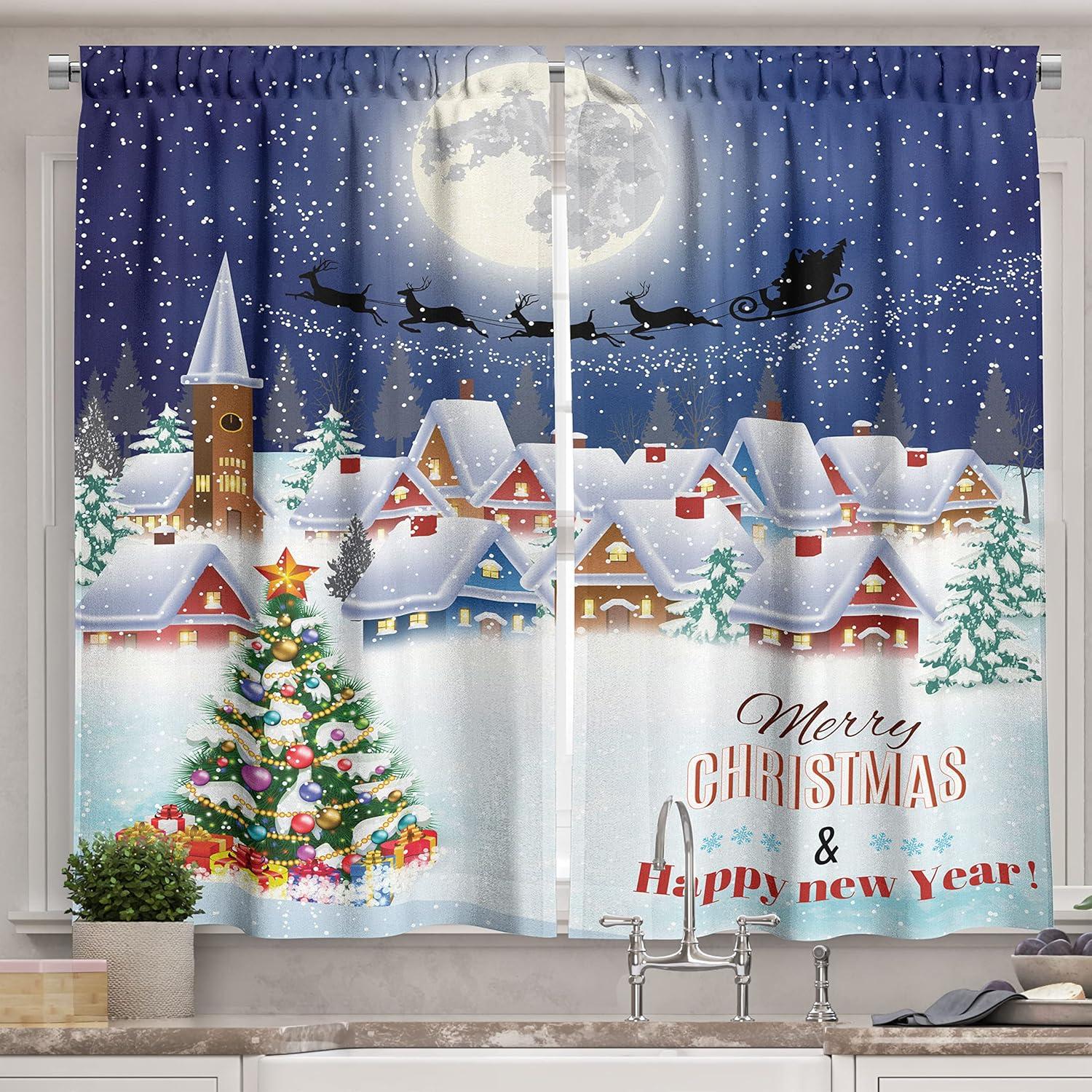 imageAmbesonne Christmas Long Kitchen Curtains Traditional Design Holly Berry Branches Snow and Bokeh Effect Print Two Panels Drapes with Rod Pocket Room Decor 55quot x 45quot White RedNavy White