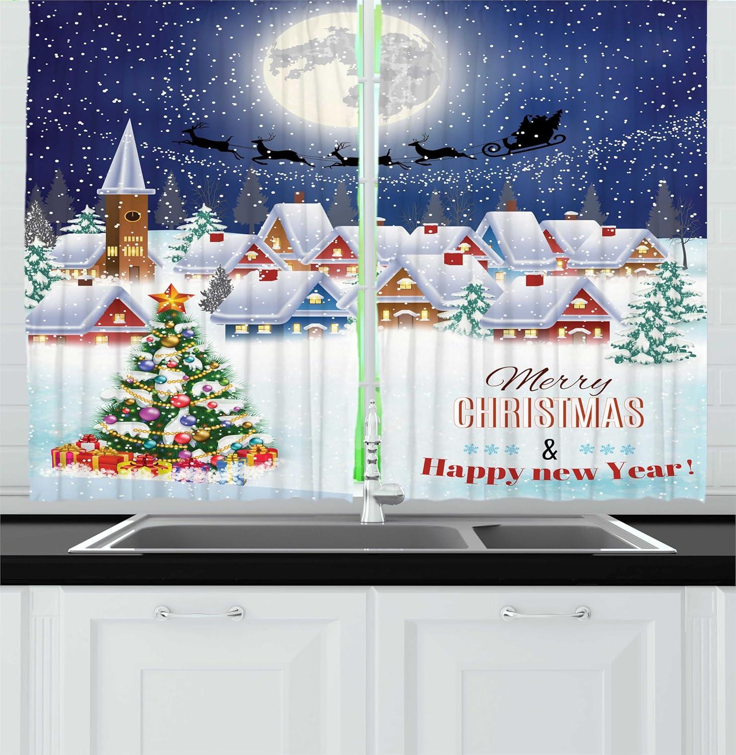 imageAmbesonne Christmas Long Kitchen Curtains Traditional Design Holly Berry Branches Snow and Bokeh Effect Print Two Panels Drapes with Rod Pocket Room Decor 55quot x 45quot White RedNavy White
