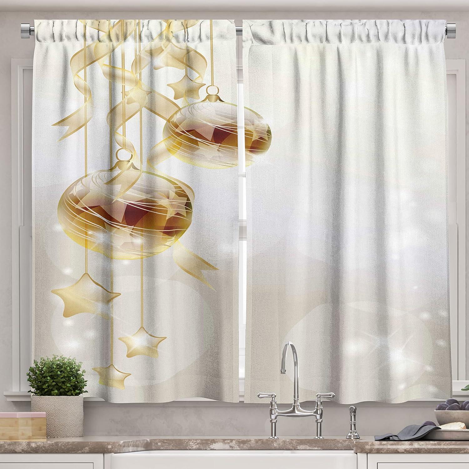 imageAmbesonne Christmas Long Kitchen Curtains Traditional Design Holly Berry Branches Snow and Bokeh Effect Print Two Panels Drapes with Rod Pocket Room Decor 55quot x 45quot White RedYellow White