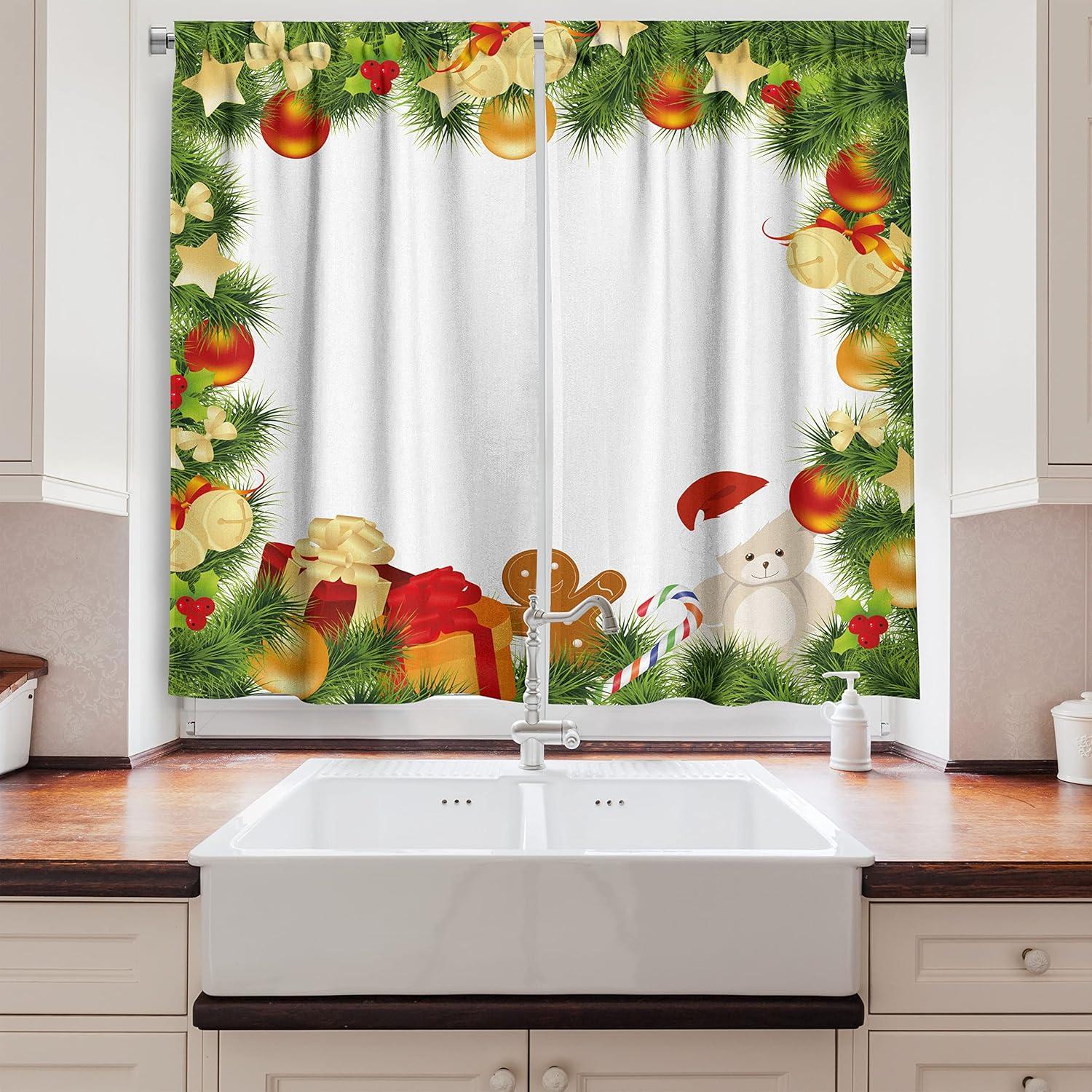 imageAmbesonne Christmas Long Kitchen Curtains Traditional Design Holly Berry Branches Snow and Bokeh Effect Print Two Panels Drapes with Rod Pocket Room Decor 55quot x 45quot White RedRed Vermilion