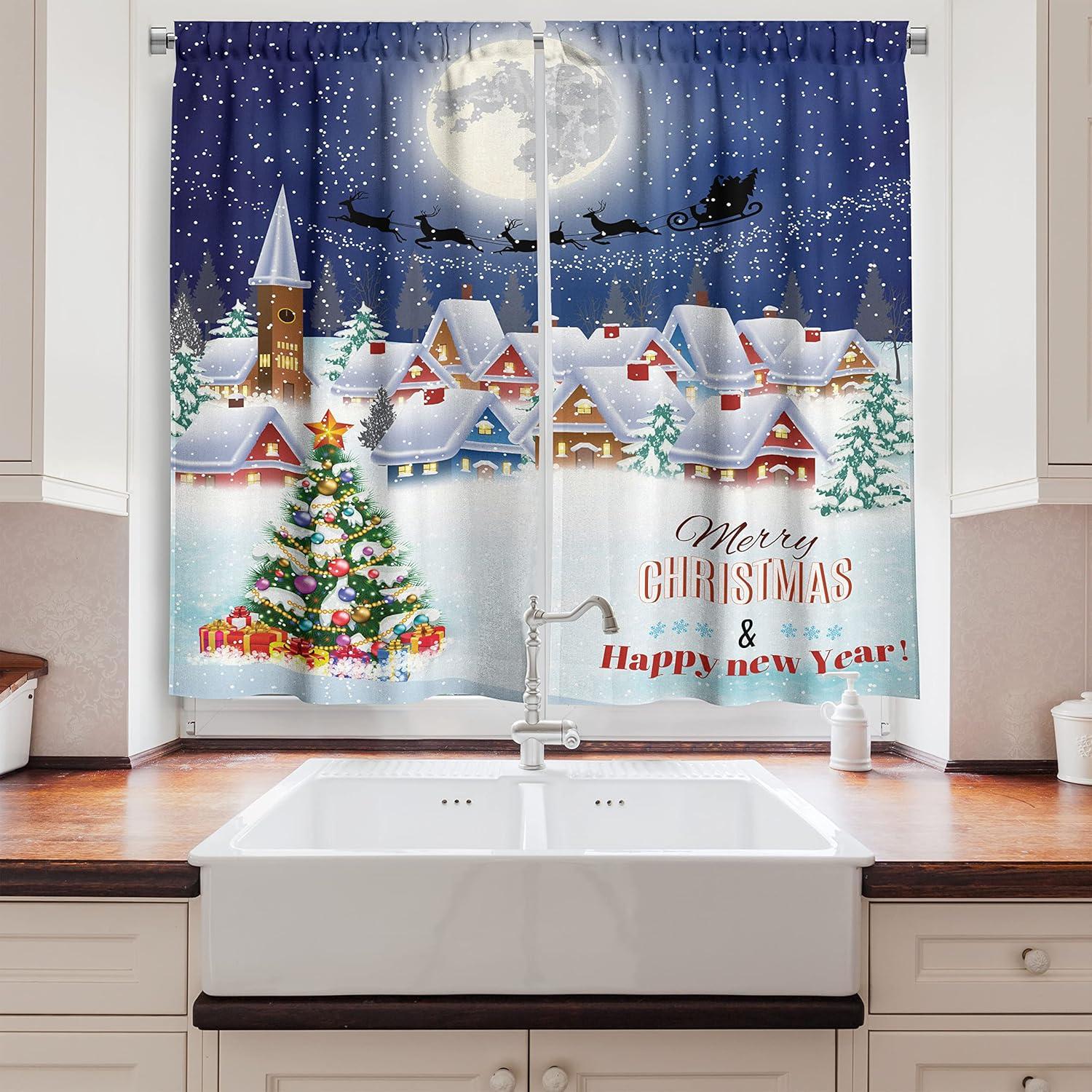 imageAmbesonne Christmas Long Kitchen Curtains Traditional Design Holly Berry Branches Snow and Bokeh Effect Print Two Panels Drapes with Rod Pocket Room Decor 55quot x 45quot White RedNavy White