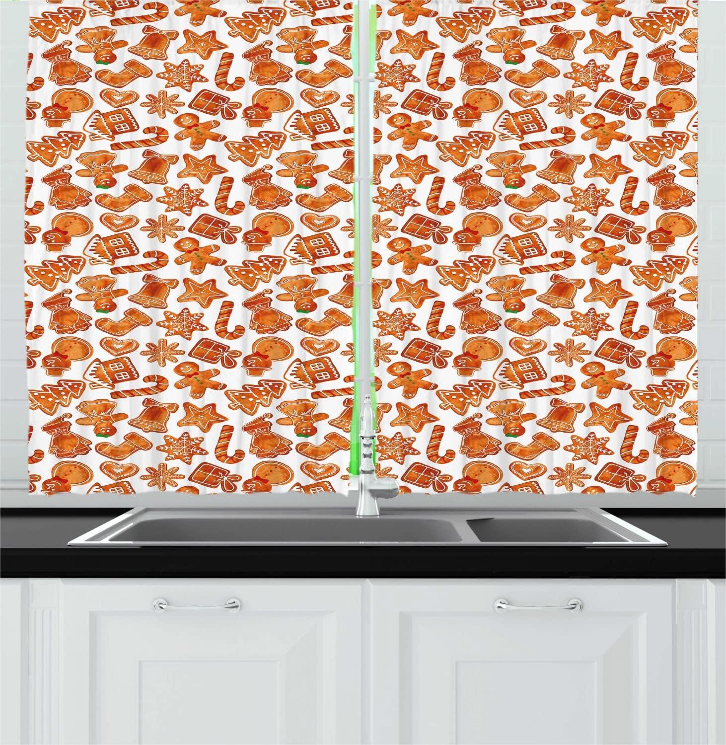 imageAmbesonne Christmas Long Kitchen Curtains Traditional Design Holly Berry Branches Snow and Bokeh Effect Print Two Panels Drapes with Rod Pocket Room Decor 55quot x 45quot White RedPale Brown and White