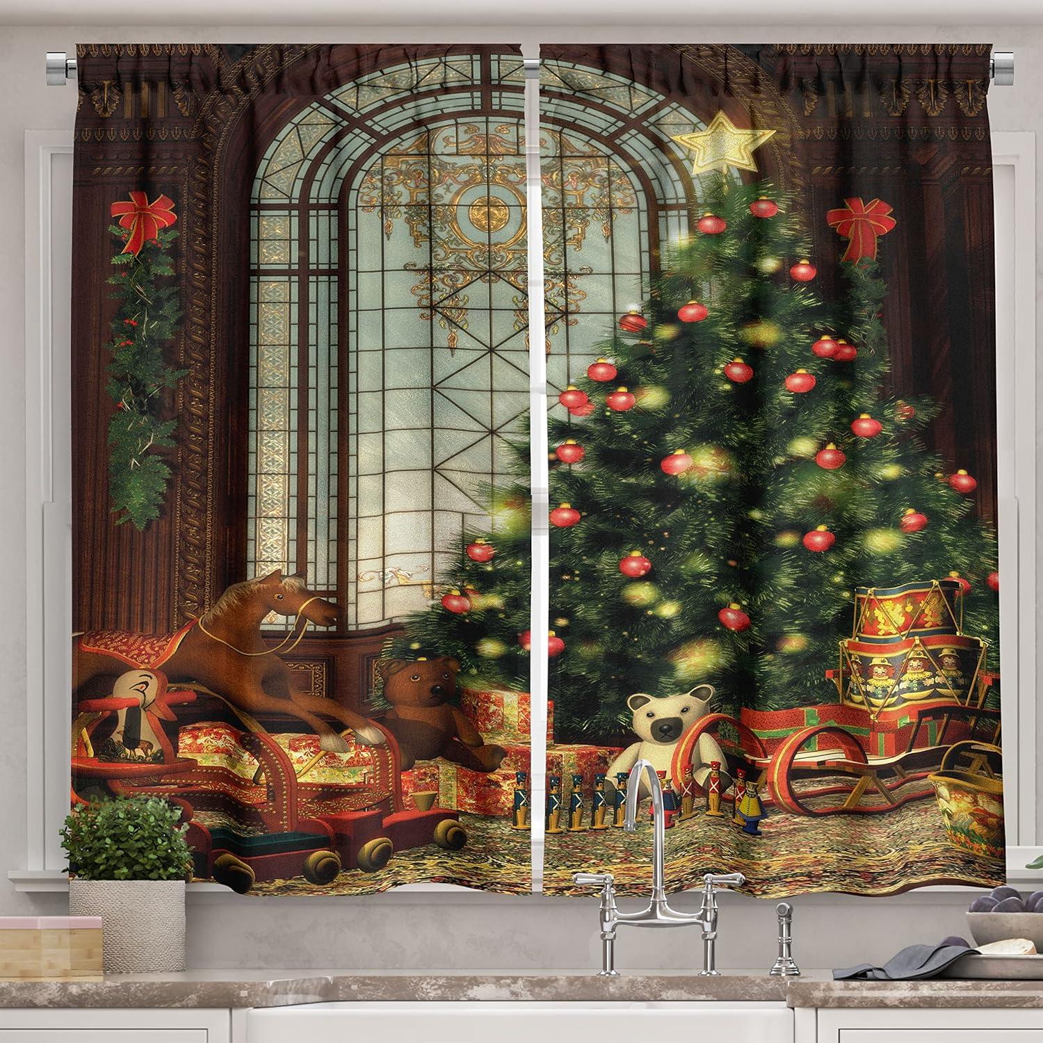 imageAmbesonne Christmas Long Kitchen Curtains Traditional Design Holly Berry Branches Snow and Bokeh Effect Print Two Panels Drapes with Rod Pocket Room Decor 55quot x 45quot White RedGreen Orange