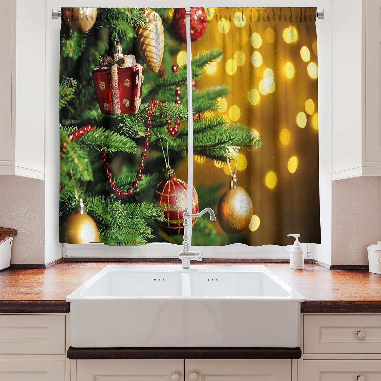 imageAmbesonne Christmas Long Kitchen Curtains Traditional Design Holly Berry Branches Snow and Bokeh Effect Print Two Panels Drapes with Rod Pocket Room Decor 55quot x 45quot White RedAmber Green