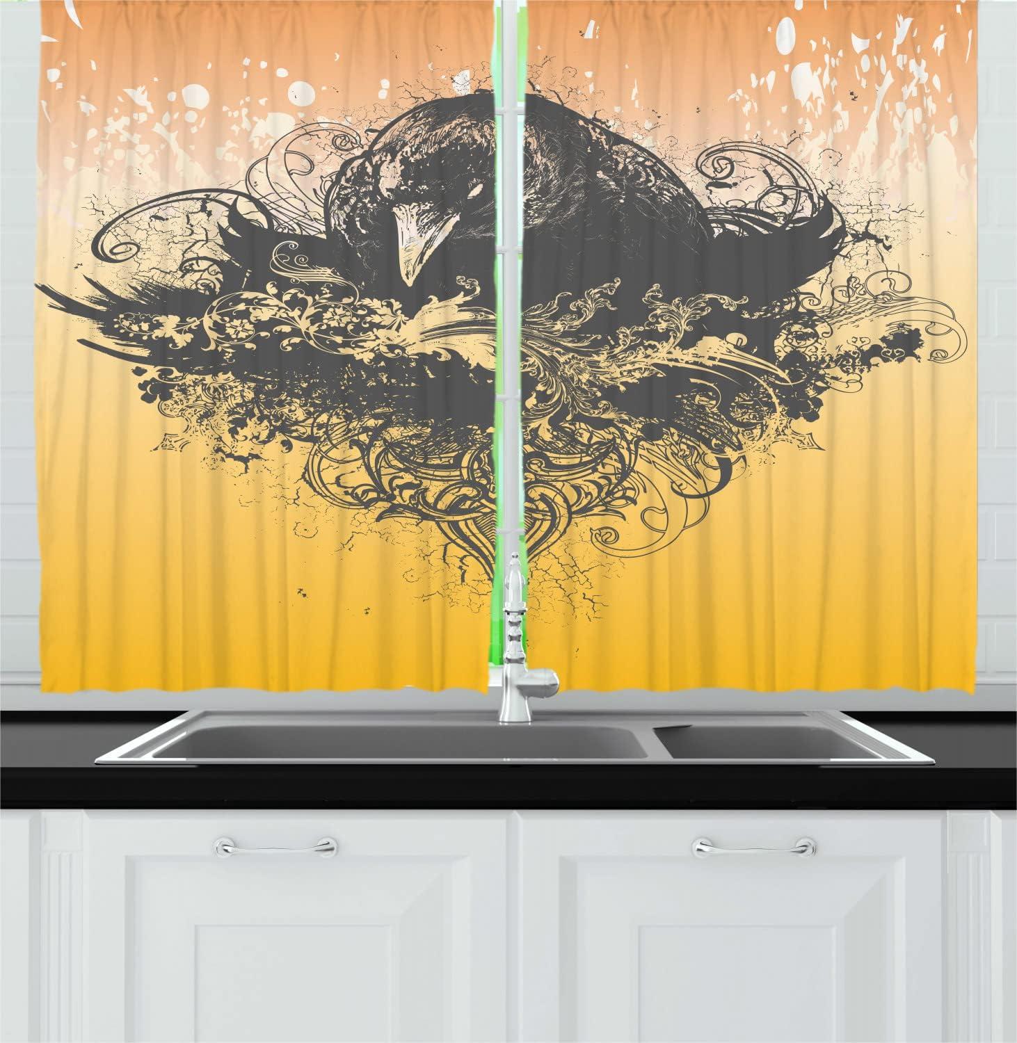 imageAmbesonne Christmas Long Kitchen Curtains Traditional Design Holly Berry Branches Snow and Bokeh Effect Print Two Panels Drapes with Rod Pocket Room Decor 55quot x 45quot White RedBlack and Mustard