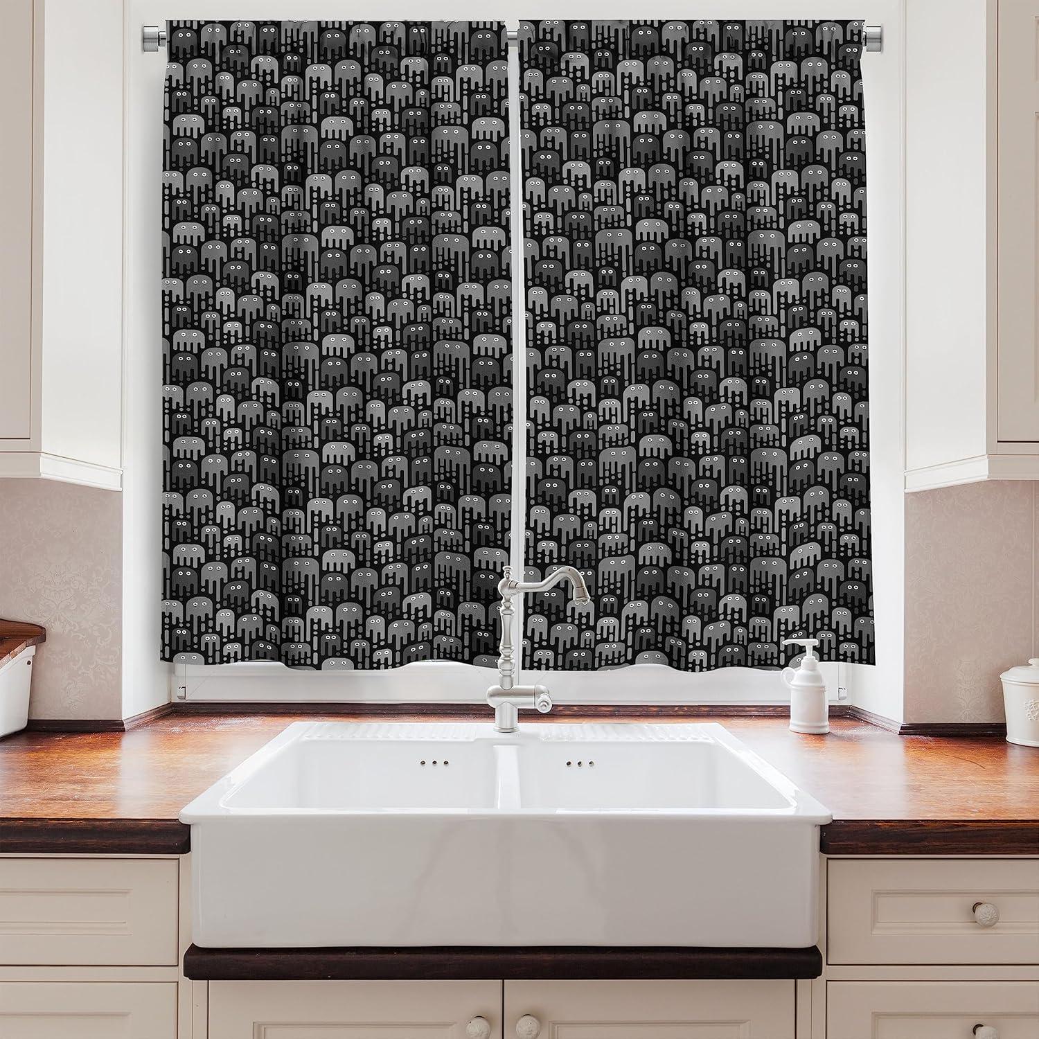 imageAmbesonne Christmas Long Kitchen Curtains Traditional Design Holly Berry Branches Snow and Bokeh Effect Print Two Panels Drapes with Rod Pocket Room Decor 55quot x 45quot White RedGrey and Charcoal Grey