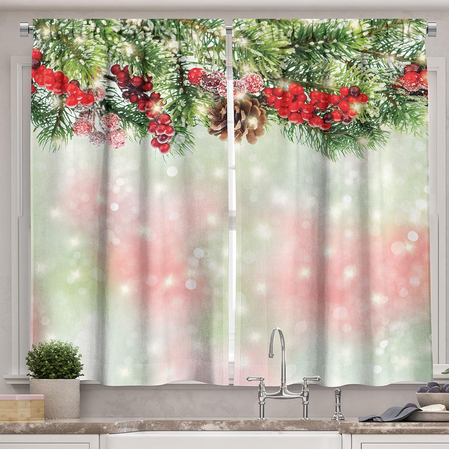 imageAmbesonne Christmas Long Kitchen Curtains Traditional Design Holly Berry Branches Snow and Bokeh Effect Print Two Panels Drapes with Rod Pocket Room Decor 55quot x 45quot White RedBrown Green