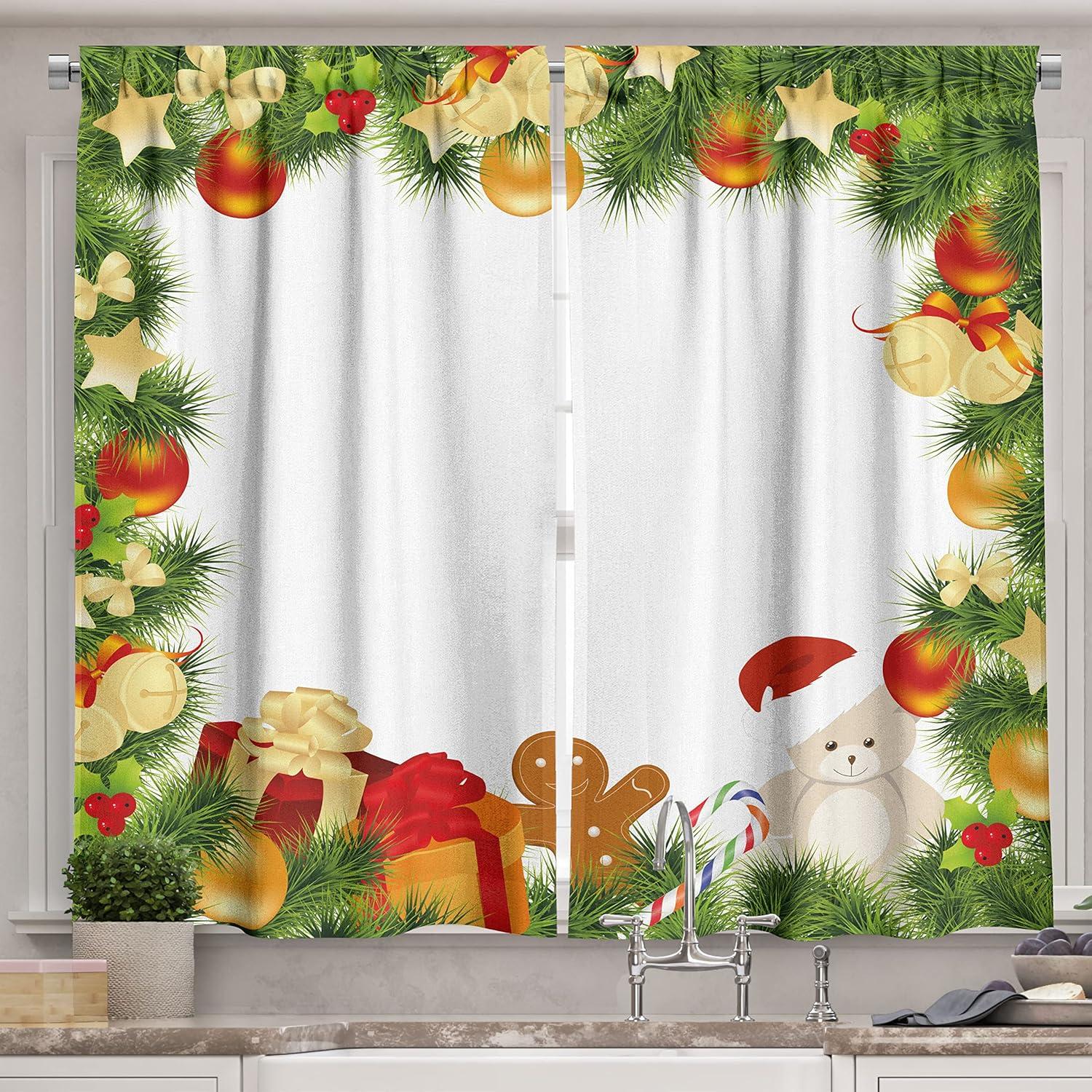 imageAmbesonne Christmas Long Kitchen Curtains Traditional Design Holly Berry Branches Snow and Bokeh Effect Print Two Panels Drapes with Rod Pocket Room Decor 55quot x 45quot White RedRed Vermilion