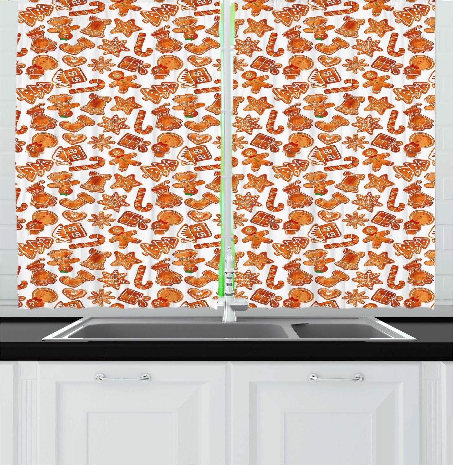 imageAmbesonne Christmas Long Kitchen Curtains Traditional Design Holly Berry Branches Snow and Bokeh Effect Print Two Panels Drapes with Rod Pocket Room Decor 55quot x 45quot White RedPale Brown and White