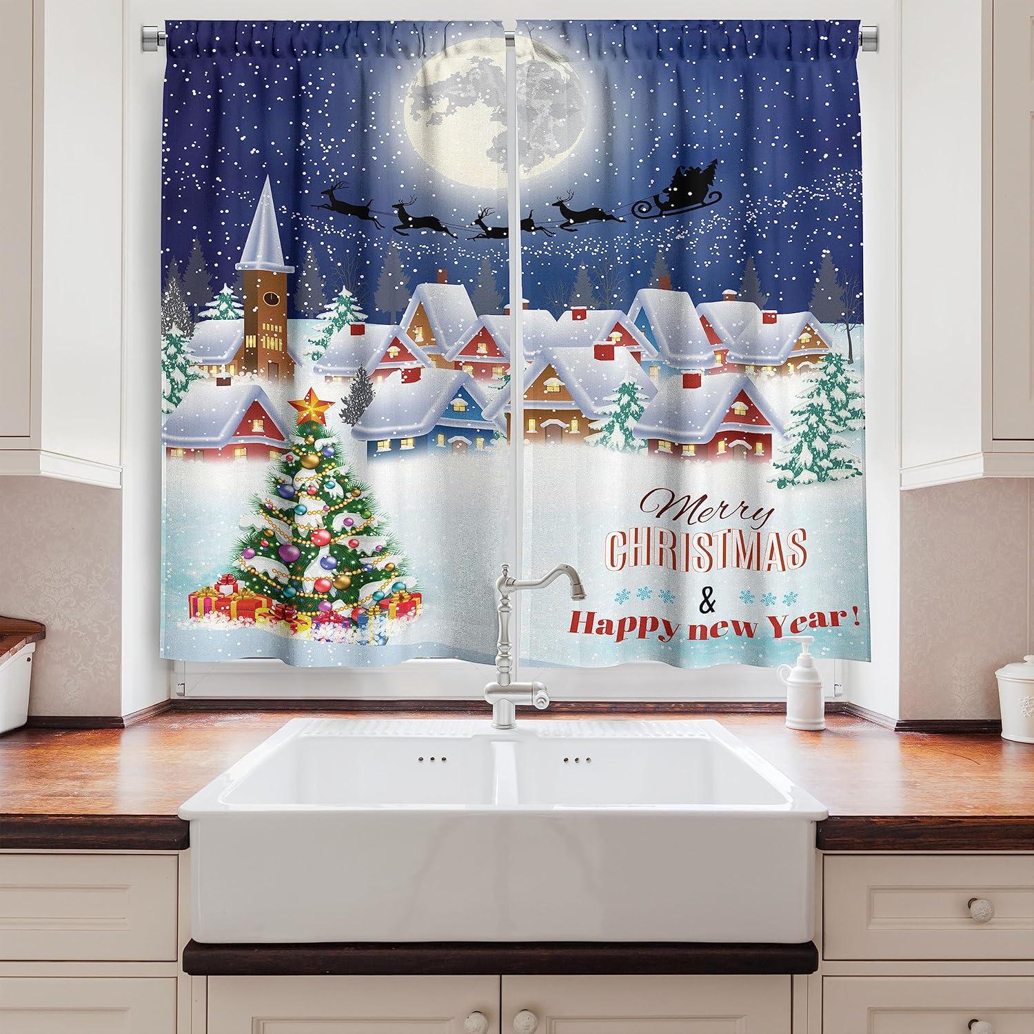 imageAmbesonne Christmas Long Kitchen Curtains Traditional Design Holly Berry Branches Snow and Bokeh Effect Print Two Panels Drapes with Rod Pocket Room Decor 55quot x 45quot White RedNavy White