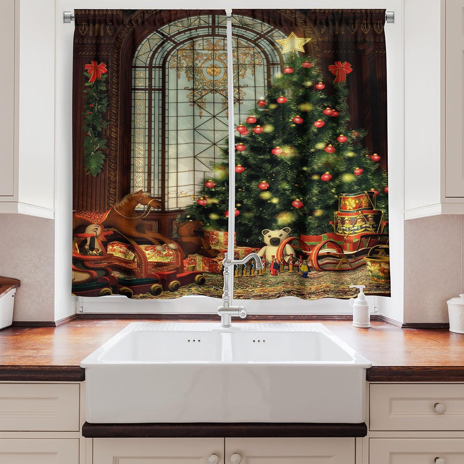 imageAmbesonne Christmas Long Kitchen Curtains Traditional Design Holly Berry Branches Snow and Bokeh Effect Print Two Panels Drapes with Rod Pocket Room Decor 55quot x 45quot White RedGreen Orange