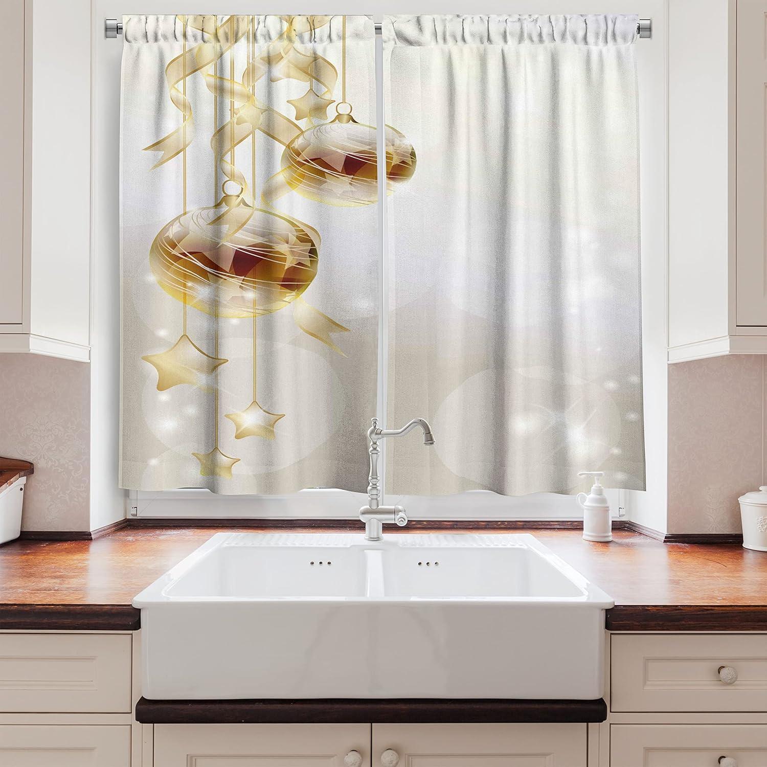 imageAmbesonne Christmas Long Kitchen Curtains Traditional Design Holly Berry Branches Snow and Bokeh Effect Print Two Panels Drapes with Rod Pocket Room Decor 55quot x 45quot White RedYellow White