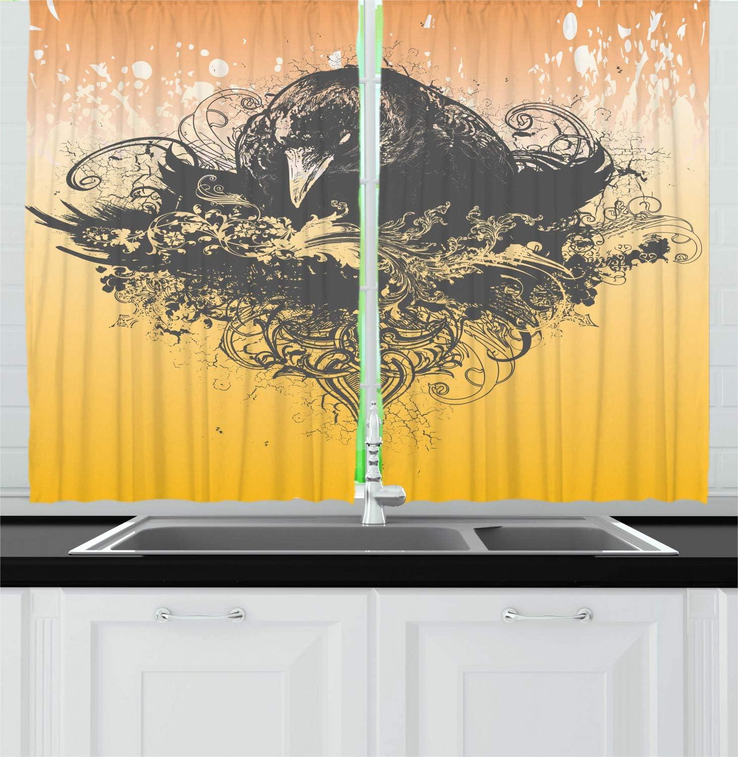 imageAmbesonne Christmas Long Kitchen Curtains Traditional Design Holly Berry Branches Snow and Bokeh Effect Print Two Panels Drapes with Rod Pocket Room Decor 55quot x 45quot White RedBlack and Mustard