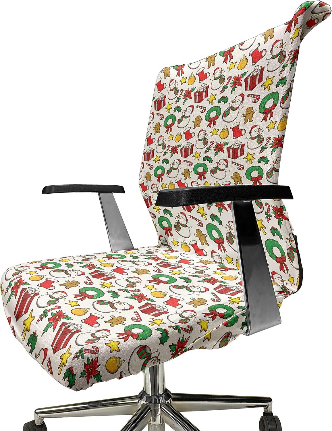 imageAmbesonne Christmas Office Chair Cover Celebration of Xmas Garland Candy Cane Snowman Mistletoe Tree Ornaments Stretchable Decorative Universal Size High Back Printed Slipcover Red White Green