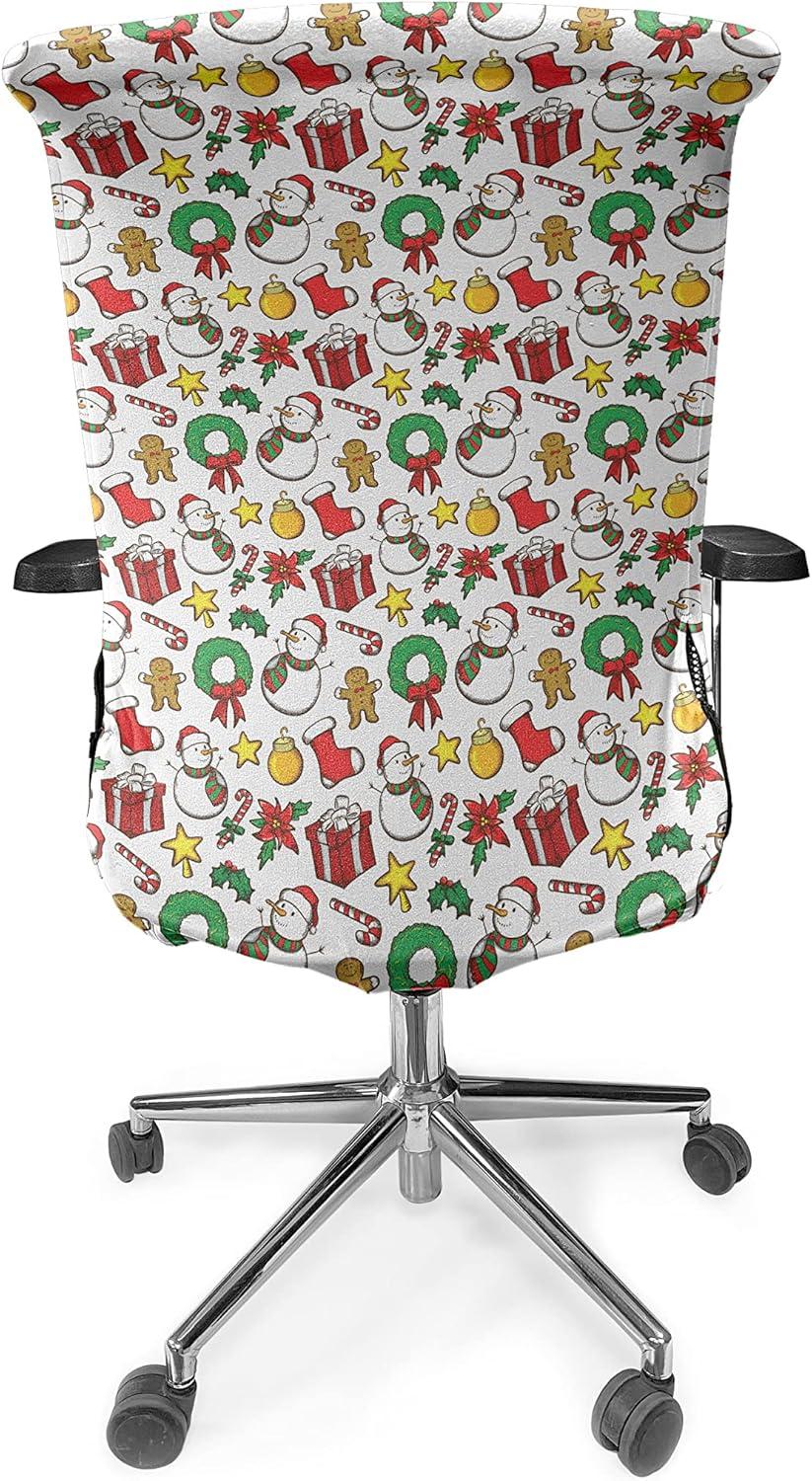 imageAmbesonne Christmas Office Chair Cover Celebration of Xmas Garland Candy Cane Snowman Mistletoe Tree Ornaments Stretchable Decorative Universal Size High Back Printed Slipcover Red White Green