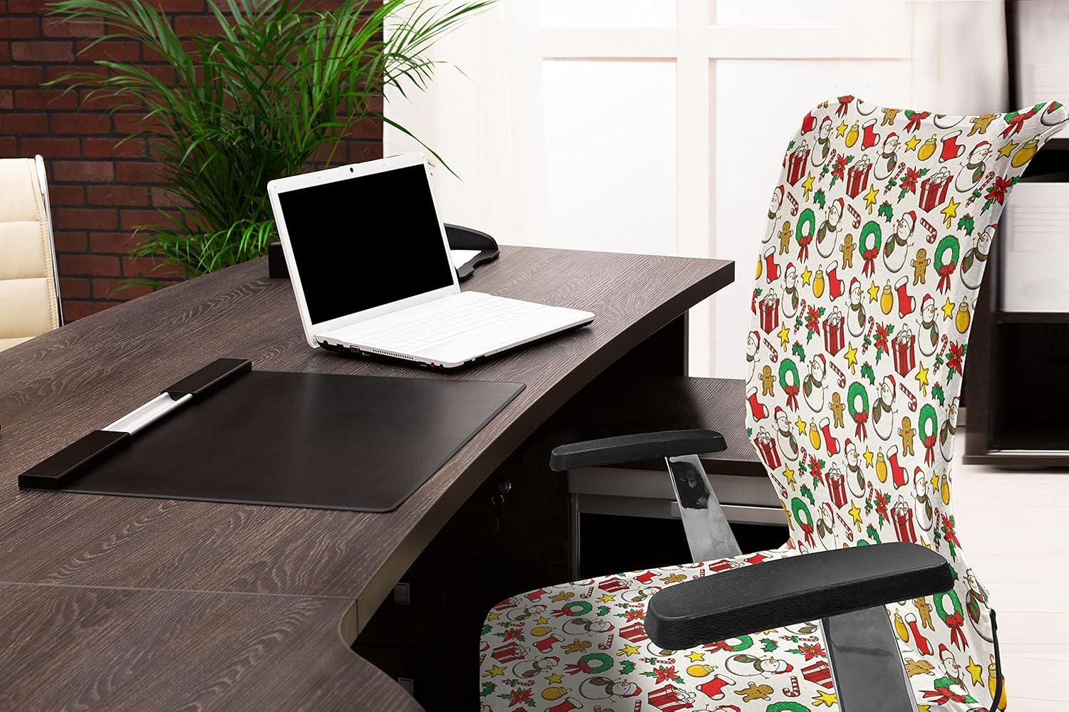 imageAmbesonne Christmas Office Chair Cover Celebration of Xmas Garland Candy Cane Snowman Mistletoe Tree Ornaments Stretchable Decorative Universal Size High Back Printed Slipcover Red White Green