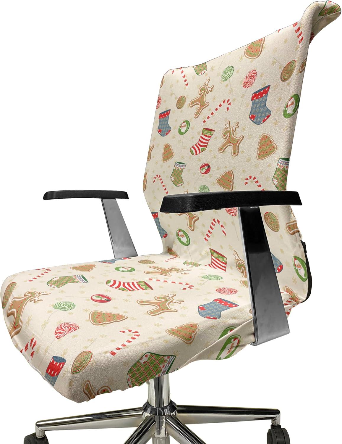 imageAmbesonne Christmas Office Chair Cover Traditional Sweets Party Gingerbread Cookies Lollipop Candies Socks Stretchable Decorative Universal Size High Back Printed Slipcover Pale Coffee Green Red