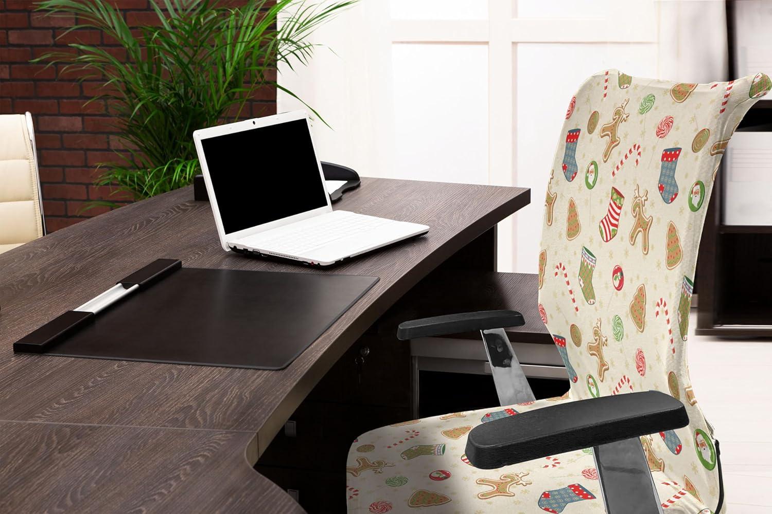 imageAmbesonne Christmas Office Chair Cover Traditional Sweets Party Gingerbread Cookies Lollipop Candies Socks Stretchable Decorative Universal Size High Back Printed Slipcover Pale Coffee Green Red