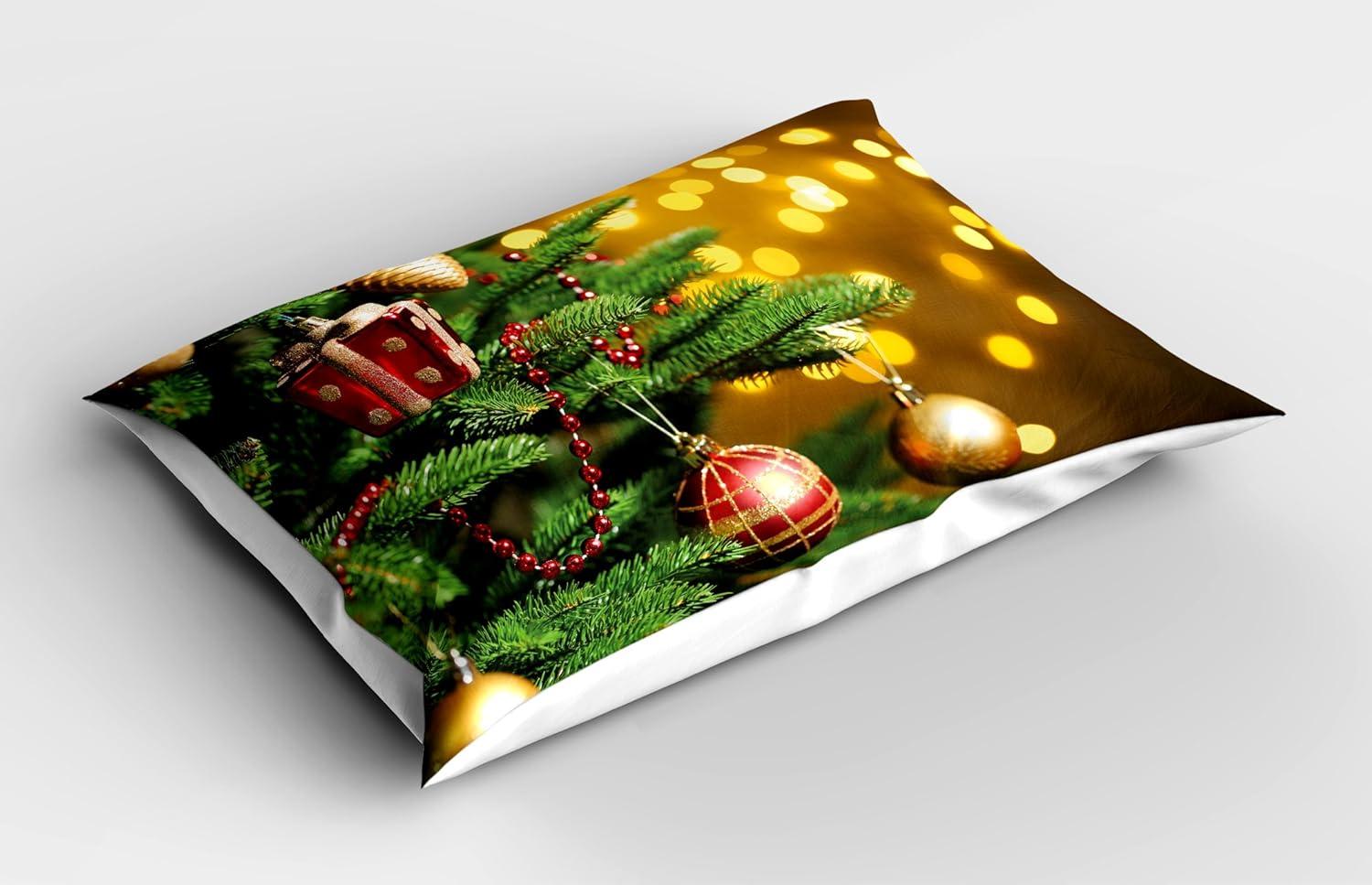 imageAmbesonne Christmas Pillow Sham Set of 2 Holiday Season Office Design Tree Celebration Snowflakes Celebration Quality Microfiber Bedding Item for All Seasons 30quot x 20quot White Green RedAmber Green