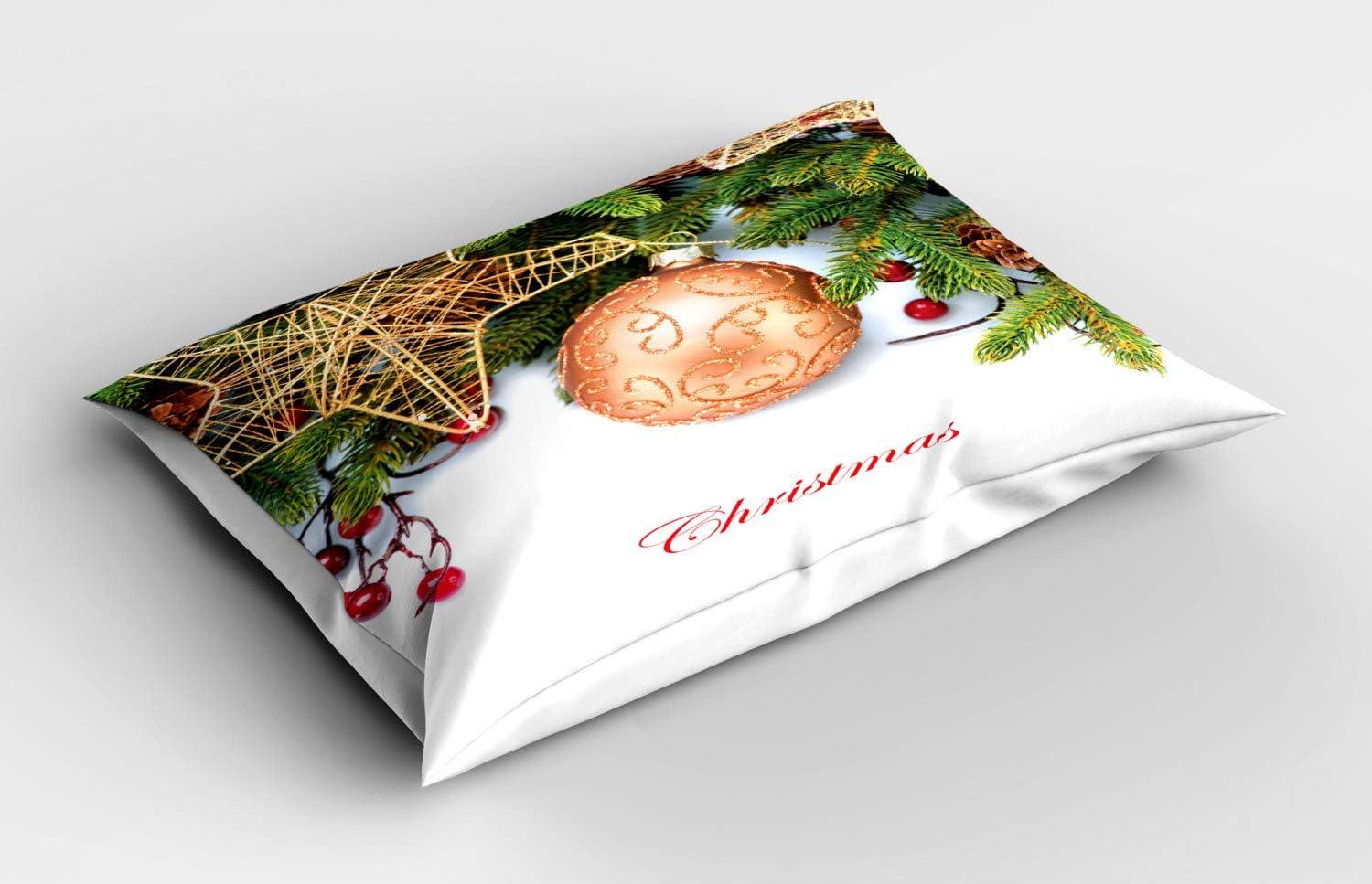 imageAmbesonne Christmas Pillow Sham Set of 2 Holiday Season Office Design Tree Celebration Snowflakes Celebration Quality Microfiber Bedding Item for All Seasons 30quot x 20quot White Green RedUmber Ruby Emerald