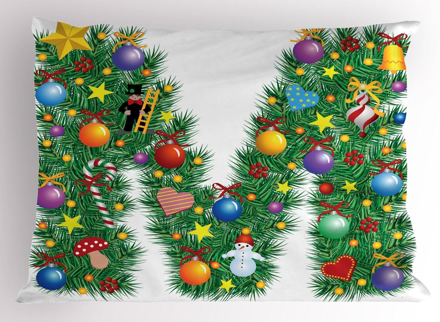 imageAmbesonne Christmas Pillow Sham Snowy Winter Tree Branches Berries Bullfinch Birds Snowman Hat Decorative Standard Size Printed Pillowcase 26quot X 20quot Almond Green OrangeEmerald Yellow