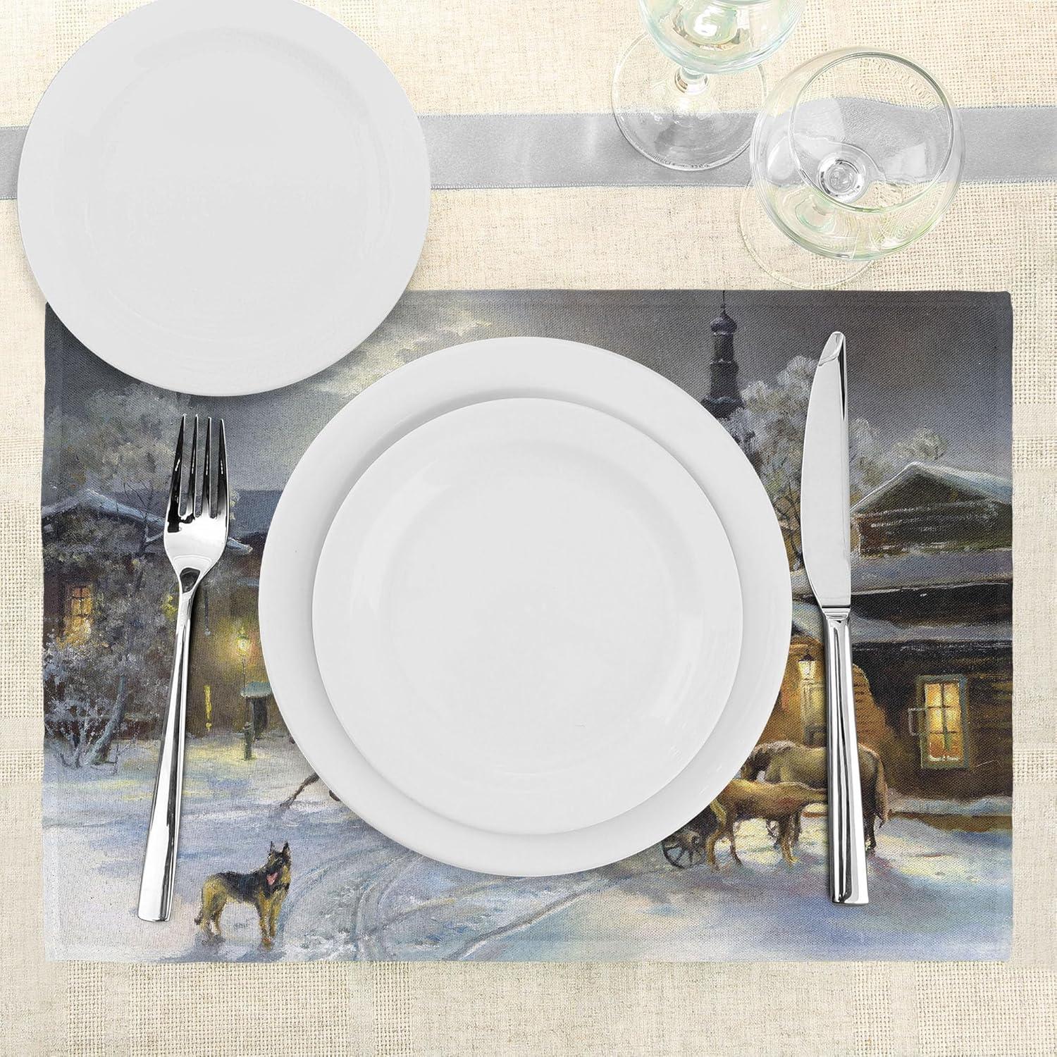 imageAmbesonne Christmas Place Mats Set of 8 Christmas at Countryside Theme Rustic Home Wooden Planks Borders Natural Design Washable Fabric Placemats for Dining Table Placemat 8 pcs Umber GreenGrey Yellow