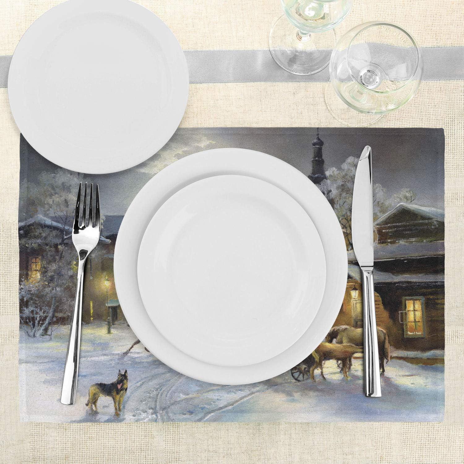 imageAmbesonne Christmas Place Mats Set of 8 Christmas at Countryside Theme Rustic Home Wooden Planks Borders Natural Design Washable Fabric Placemats for Dining Table Placemat 8 pcs Umber GreenGrey Yellow