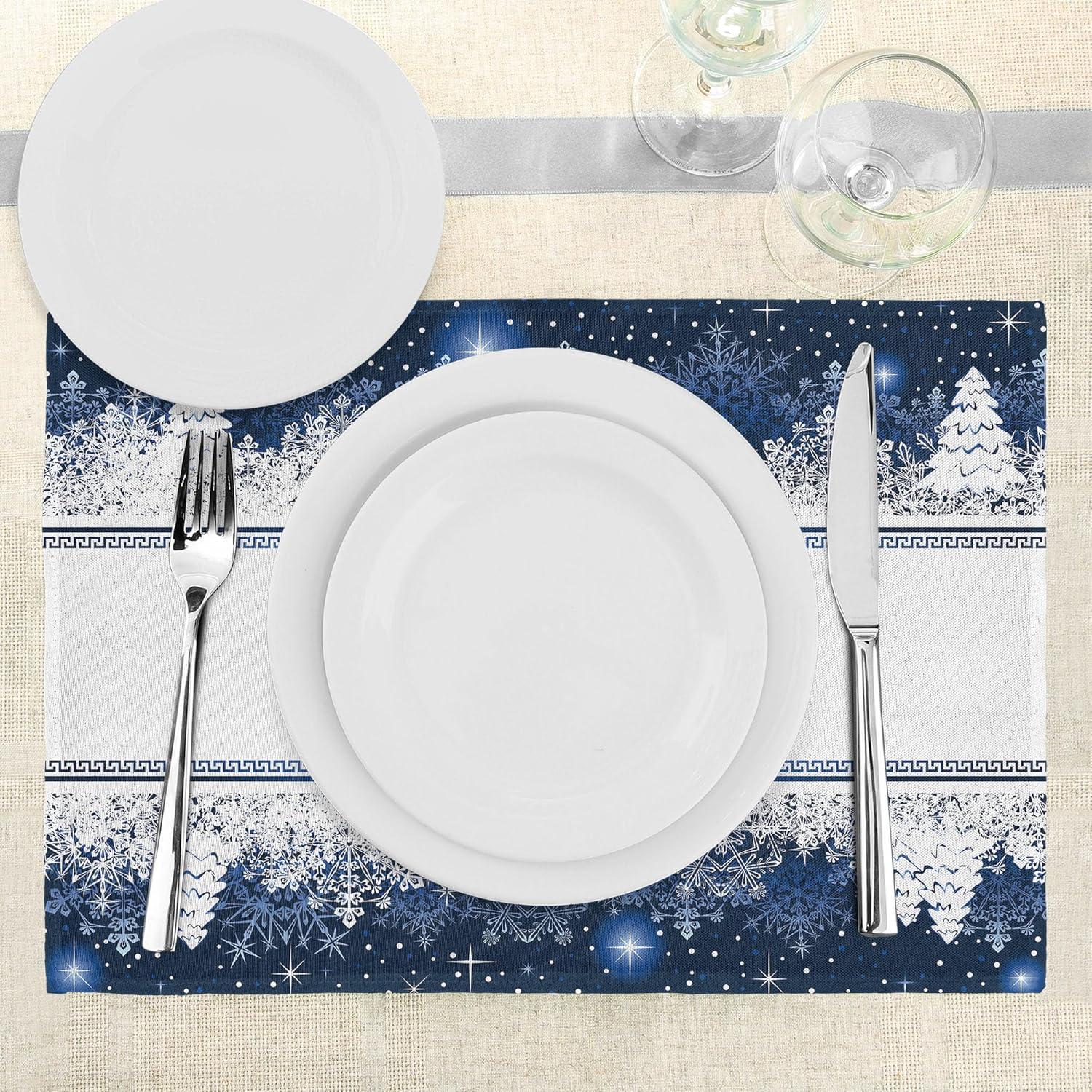 imageAmbesonne Christmas Place Mats Set of 8 Christmas at Countryside Theme Rustic Home Wooden Planks Borders Natural Design Washable Fabric Placemats for Dining Table Placemat 8 pcs Umber GreenBlue and White