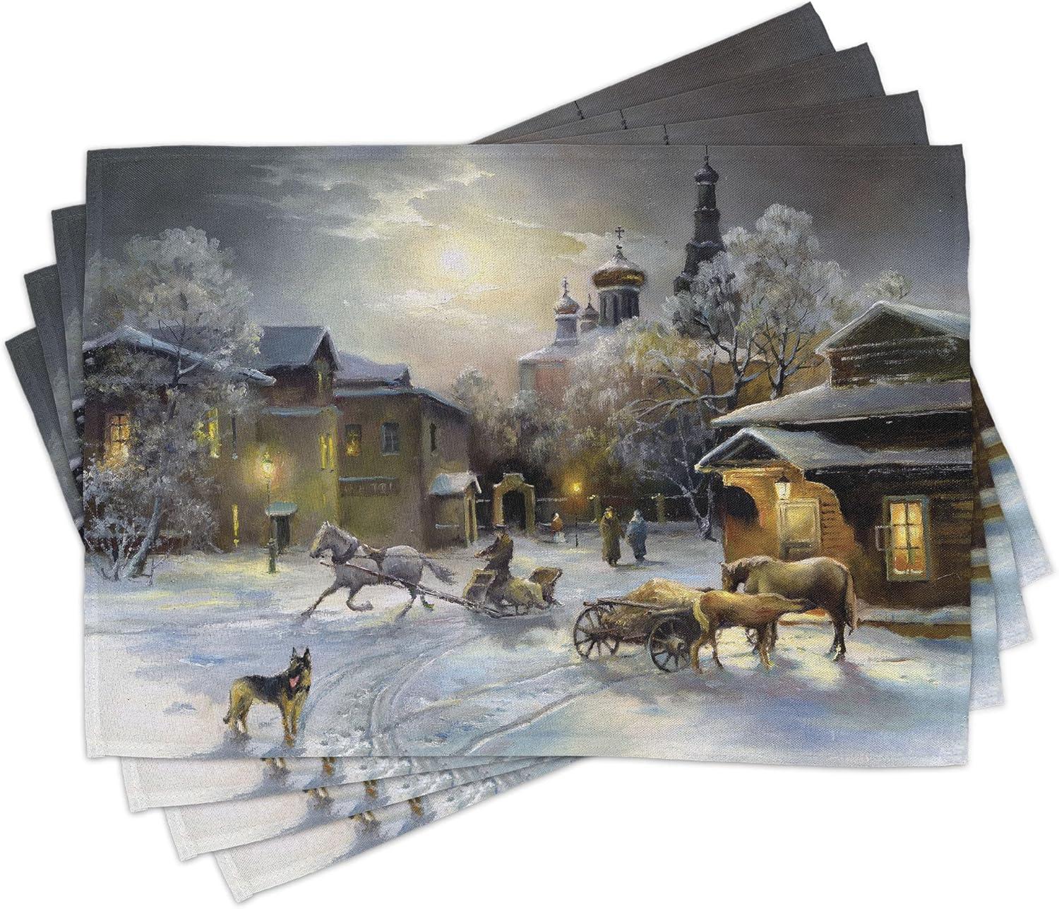 imageAmbesonne Christmas Place Mats Set of 8 Christmas at Countryside Theme Rustic Home Wooden Planks Borders Natural Design Washable Fabric Placemats for Dining Table Placemat 8 pcs Umber GreenGrey Yellow