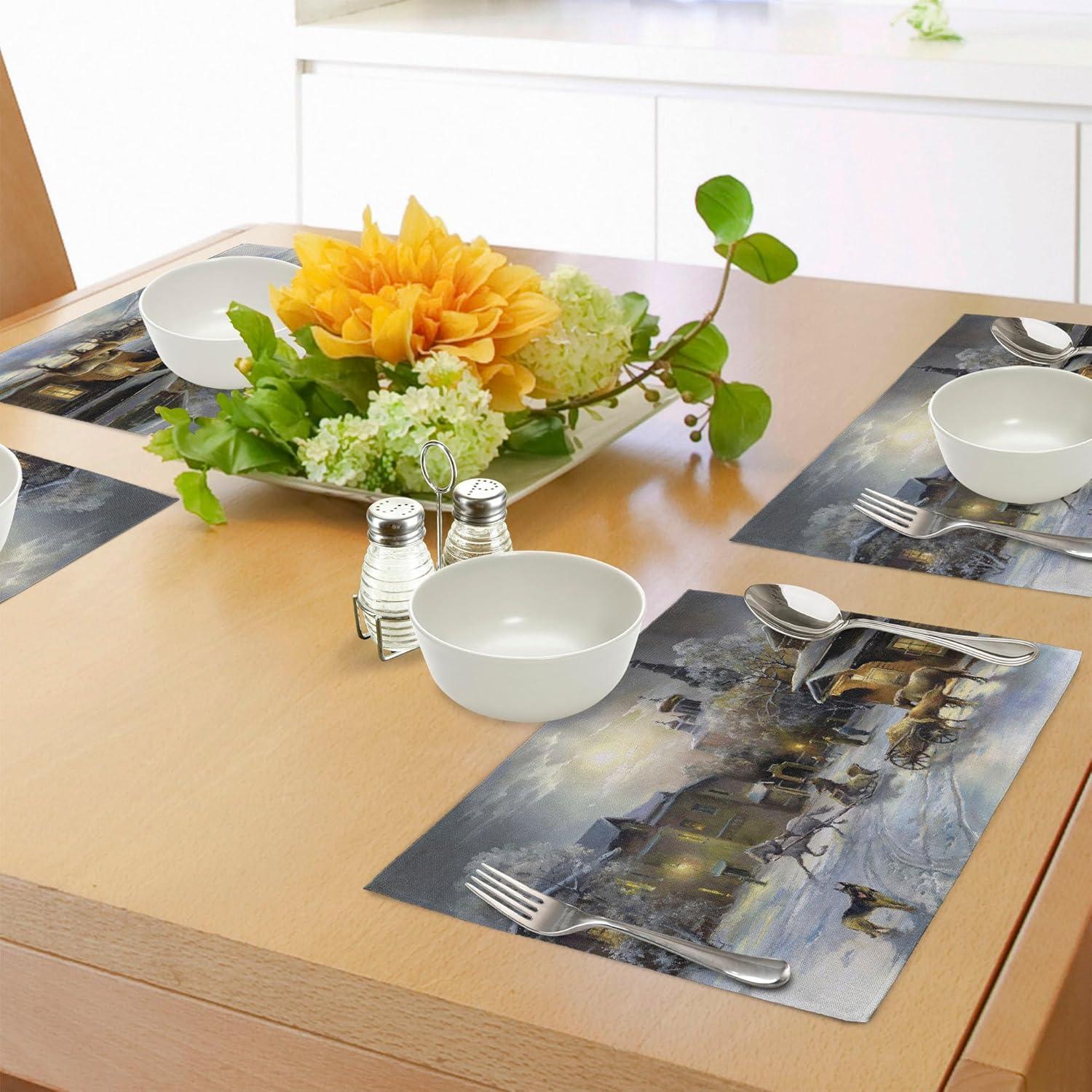 imageAmbesonne Christmas Place Mats Set of 8 Christmas at Countryside Theme Rustic Home Wooden Planks Borders Natural Design Washable Fabric Placemats for Dining Table Placemat 8 pcs Umber GreenGrey Yellow
