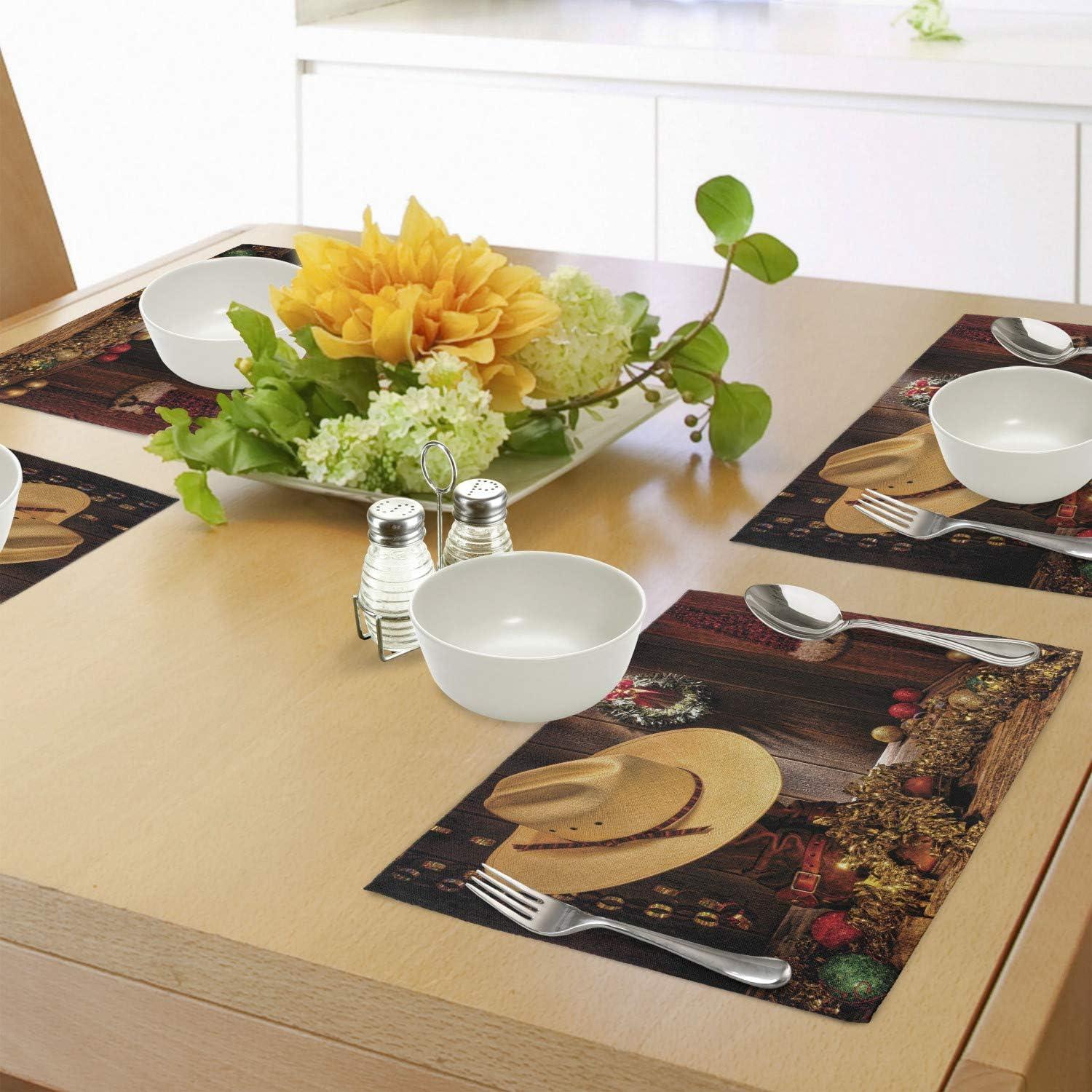 imageAmbesonne Christmas Place Mats Set of 8 Christmas at Countryside Theme Rustic Home Wooden Planks Borders Natural Design Washable Fabric Placemats for Dining Table Placemat 8 pcs Umber GreenBrown Cream
