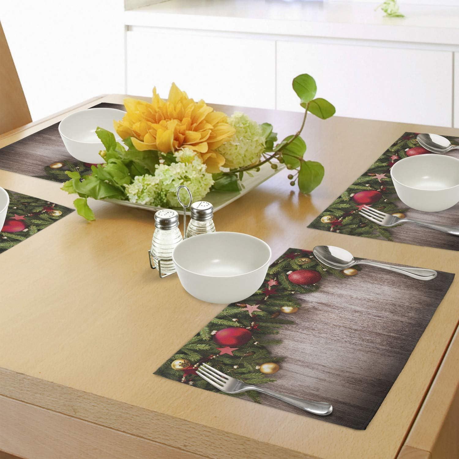 imageAmbesonne Christmas Place Mats Set of 8 Christmas at Countryside Theme Rustic Home Wooden Planks Borders Natural Design Washable Fabric Placemats for Dining Table Placemat 8 pcs Umber GreenBeige Green