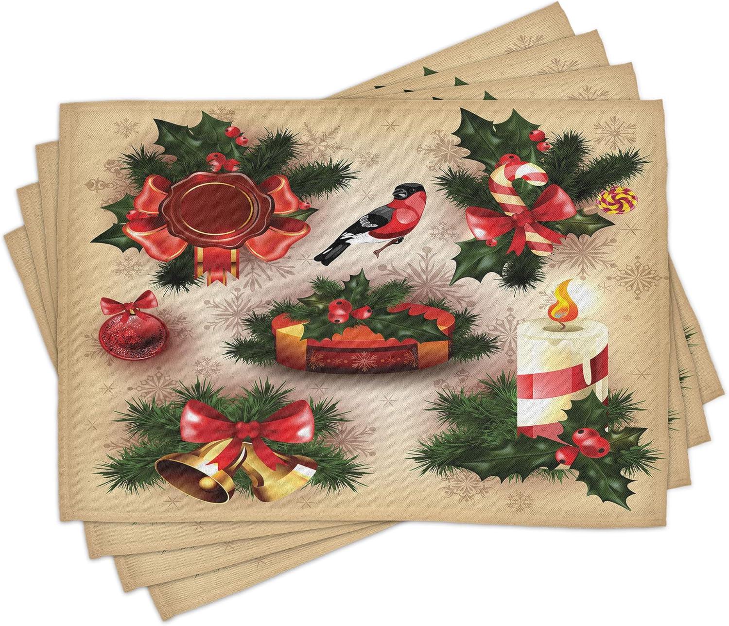 imageAmbesonne Christmas Place Mats Set of 8 Xmas Baubles on Snow Snowflakes Ice Holiday Humanitarian Art Illustration Washable Fabric Placemats for Dining Table Placemat 8 pcs Red WhiteEmerald Cream