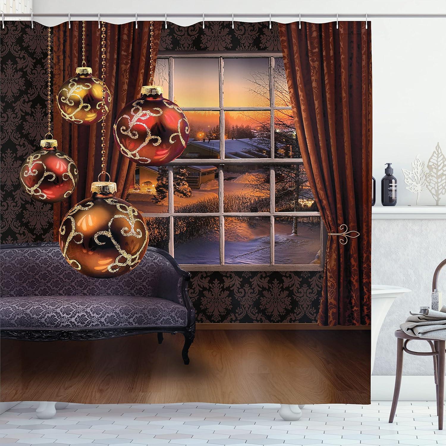 imageAmbesonne Christmas Shower Curtain Balls Vintage Style Celebration Design Winter Season Wonderland Themed Snowflakes Cloth Fabric Bathroom Decor Set with Hooks 69quot W x 70quot L Blue TanEggplant