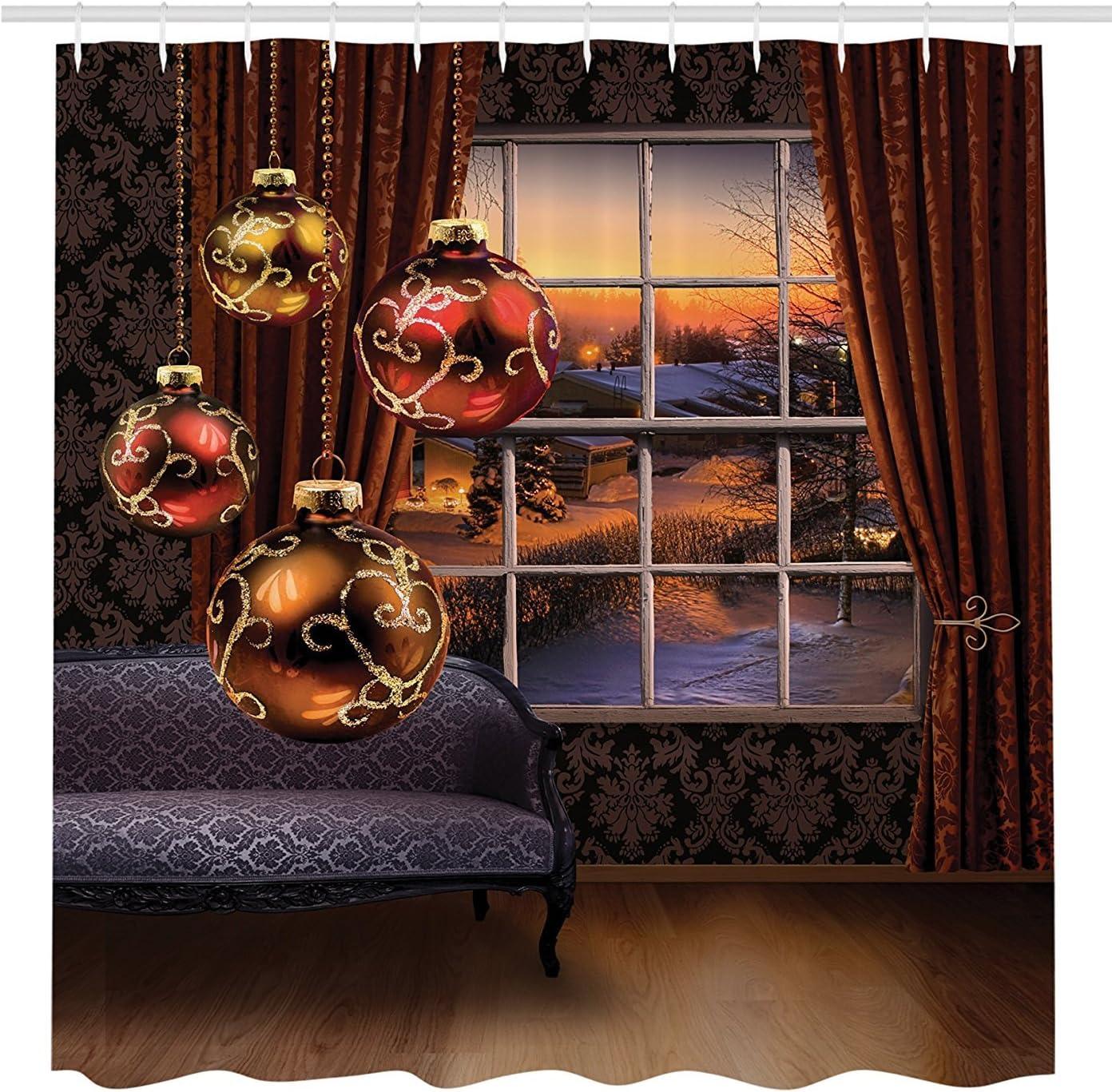 imageAmbesonne Christmas Shower Curtain Balls Vintage Style Celebration Design Winter Season Wonderland Themed Snowflakes Cloth Fabric Bathroom Decor Set with Hooks 69quot W x 70quot L Blue TanEggplant