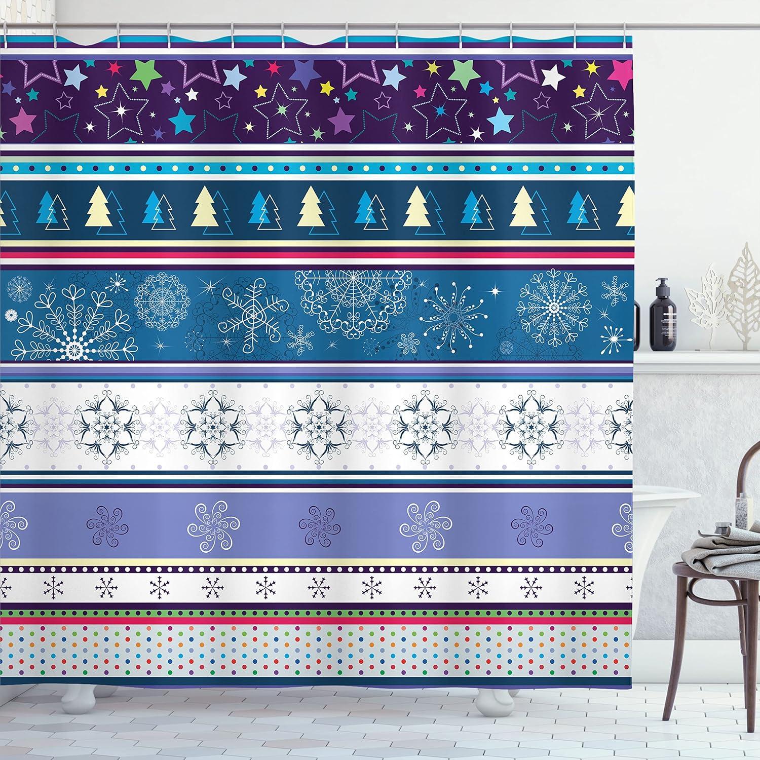 imageAmbesonne Christmas Shower Curtain Holiday Season Office Design Tree Celebration Snowflakes Celebration Cloth Fabric Bathroom Decor Set with Hooks 69quot W x 75quot L White Green RedQuartz Teal