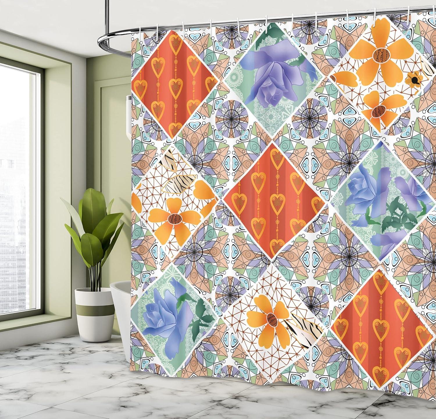 imageAmbesonne Christmas Shower Curtain Holiday Season Office Design Tree Celebration Snowflakes Celebration Cloth Fabric Bathroom Decor Set with Hooks 69quot W x 75quot L White Green RedOrange Lavender