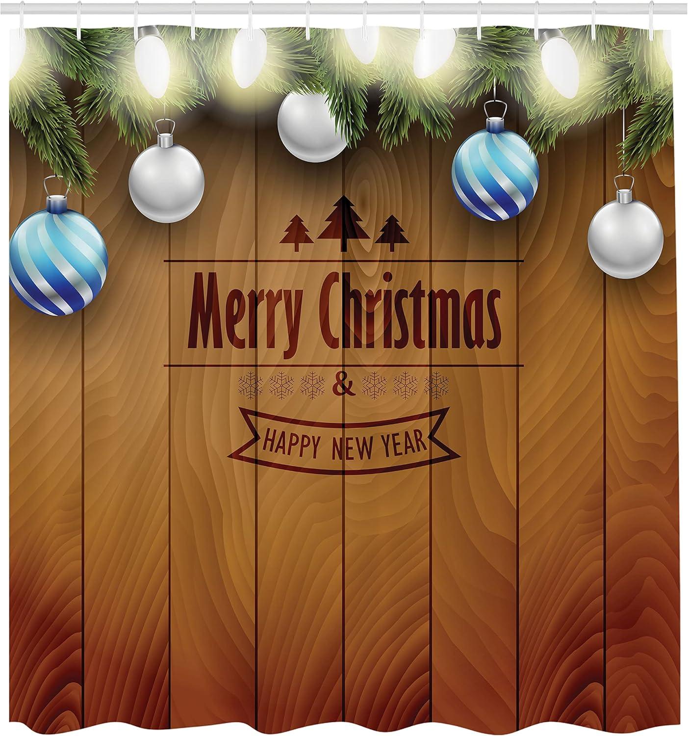 imageAmbesonne Christmas Shower Curtain Holiday Season Office Design Tree Celebration Snowflakes Celebration Cloth Fabric Bathroom Decor Set with Hooks 69quot W x 75quot L White Green RedCamel Brown