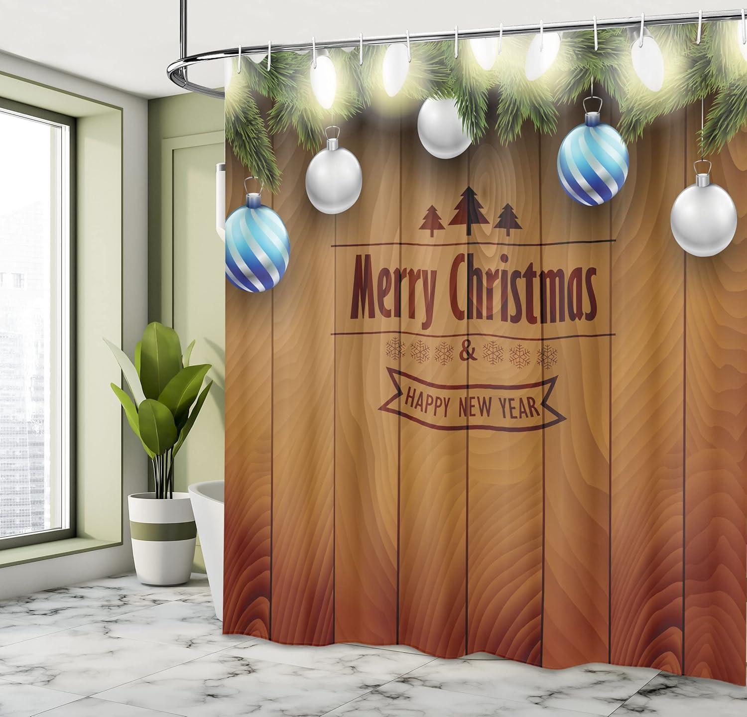 imageAmbesonne Christmas Shower Curtain Holiday Season Office Design Tree Celebration Snowflakes Celebration Cloth Fabric Bathroom Decor Set with Hooks 69quot W x 75quot L White Green RedCamel Brown
