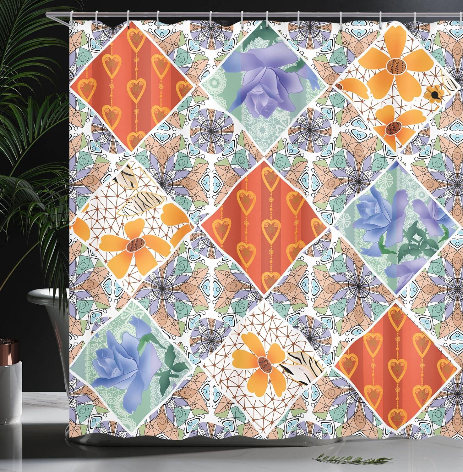 imageAmbesonne Christmas Shower Curtain Holiday Season Office Design Tree Celebration Snowflakes Celebration Cloth Fabric Bathroom Decor Set with Hooks 69quot W x 75quot L White Green RedOrange Lavender