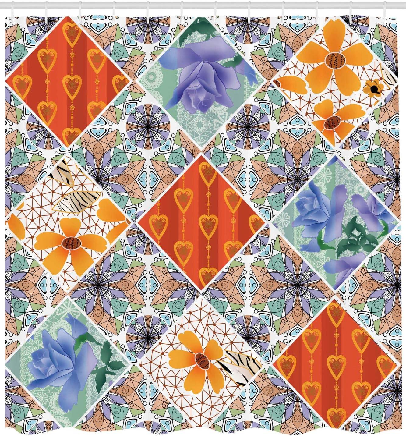 imageAmbesonne Christmas Shower Curtain Holiday Season Office Design Tree Celebration Snowflakes Celebration Cloth Fabric Bathroom Decor Set with Hooks 69quot W x 75quot L White Green RedOrange Lavender